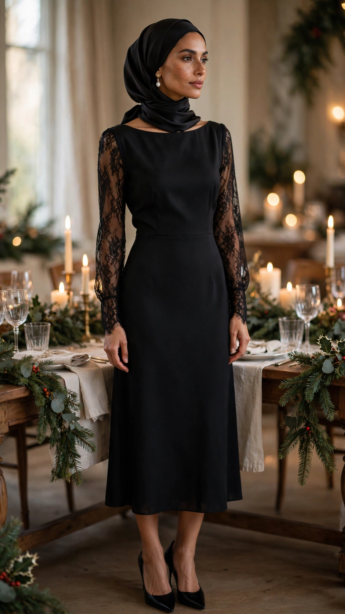 15. Black Midi Dress With Lace Sleeves