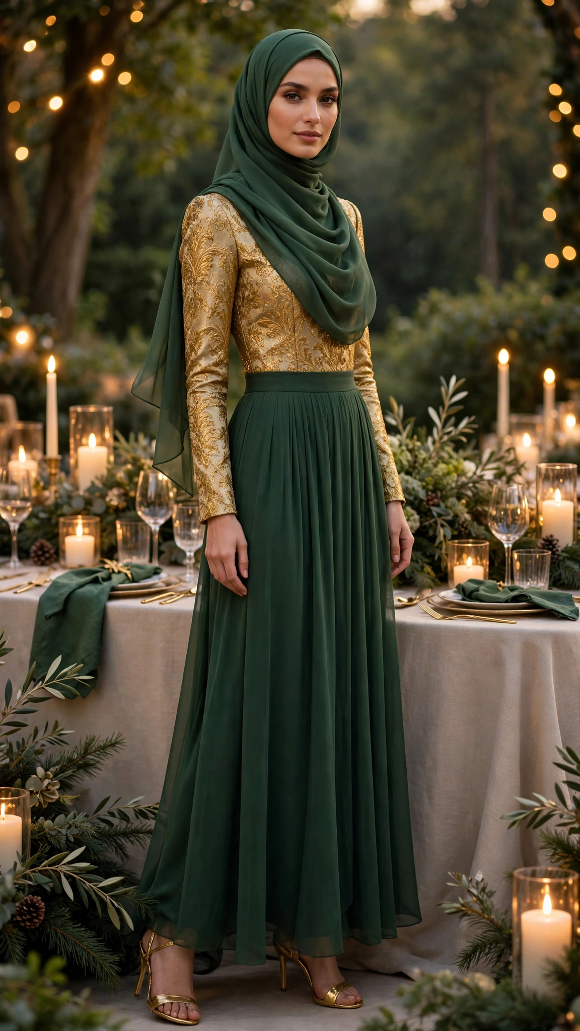 16. Forest Green Maxi Skirt With Gold Brocade Top