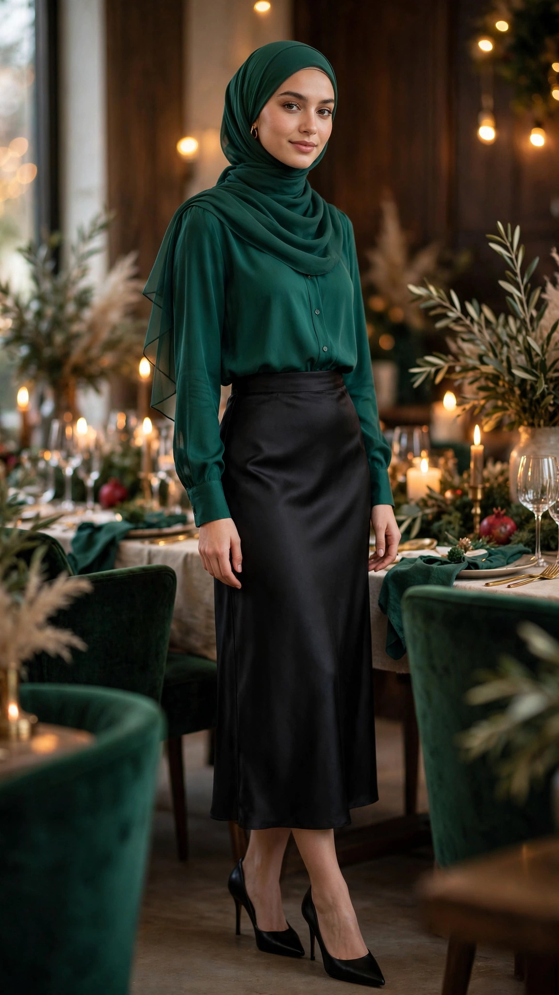 21. Black Satin Skirt With Emerald Green Blouse