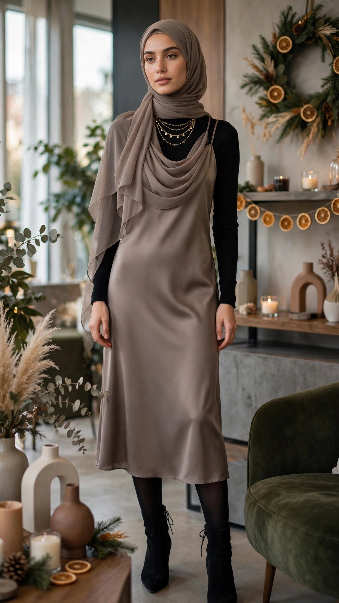 22. Taupe Satin Slip Dress Over a Black Turtleneck
