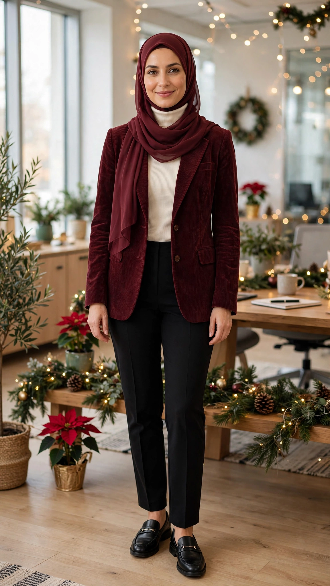 24. Burgundy Corduroy Blazer With Black Trousers