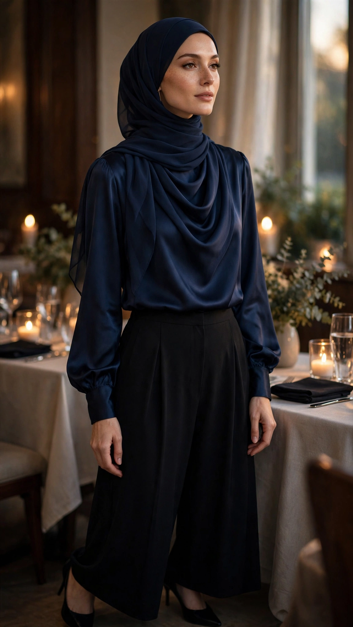 25. Midnight Cowl Blouse With Black Wide Leg Trousers