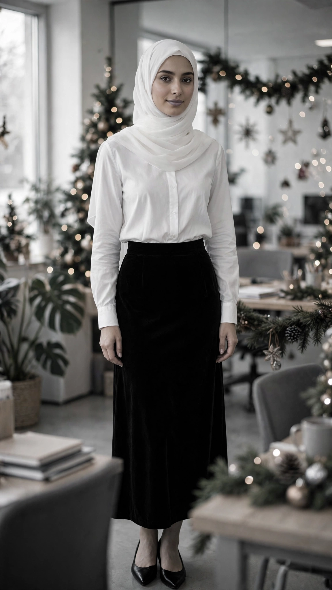 26. White Blouse With Black Velvet Midi Skirt