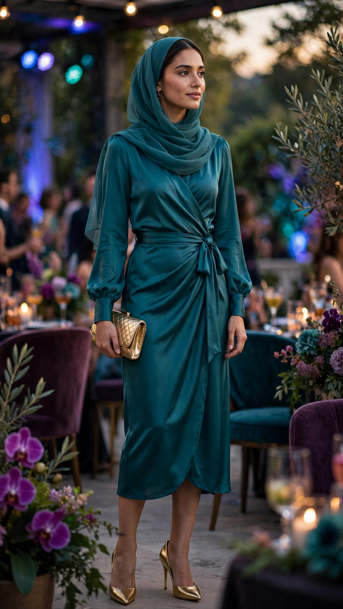 27. Teal Satin Wrap Dress With Long Sleeves