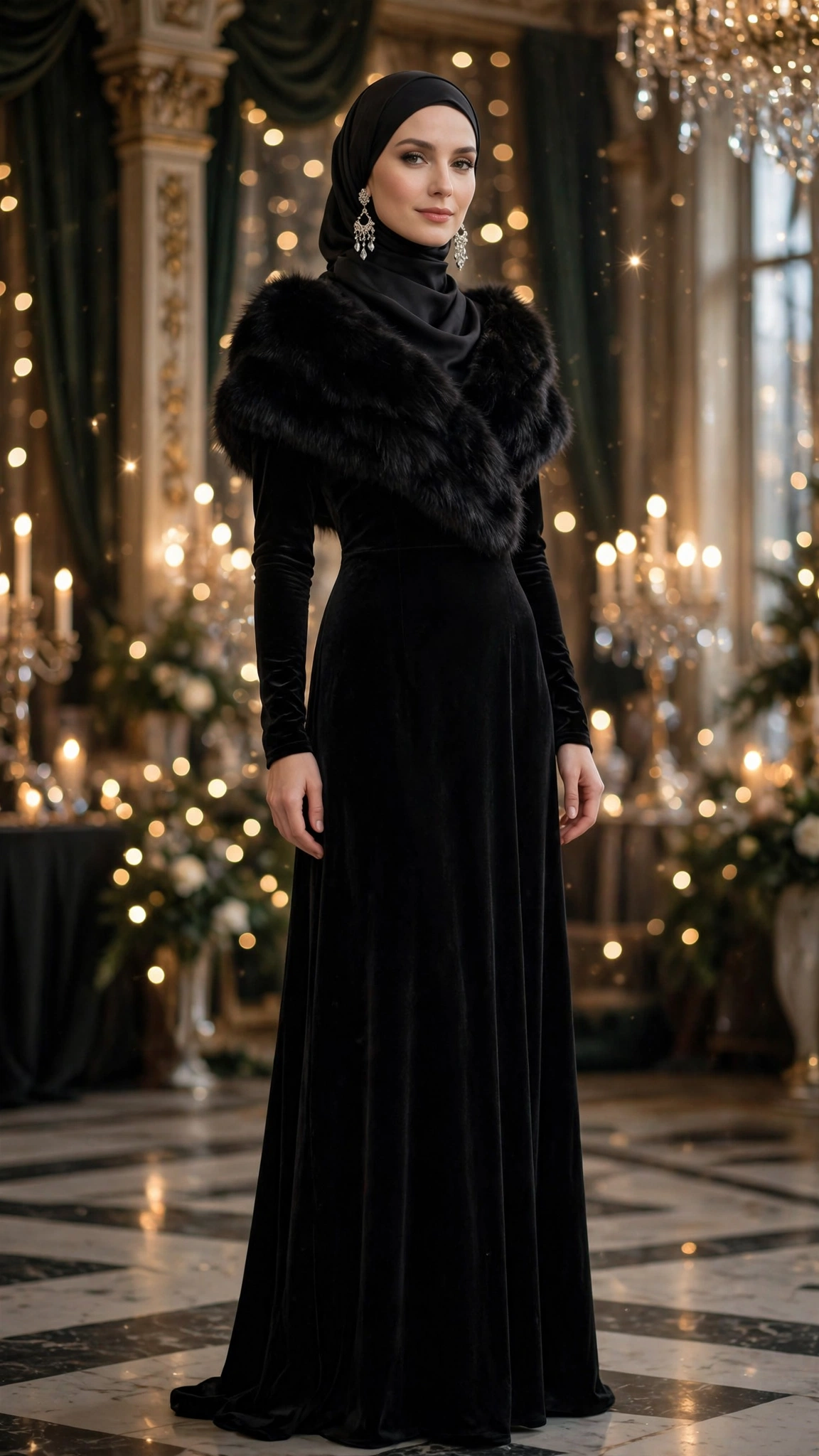 28. Black Velvet Maxi With Faux Fur Stole