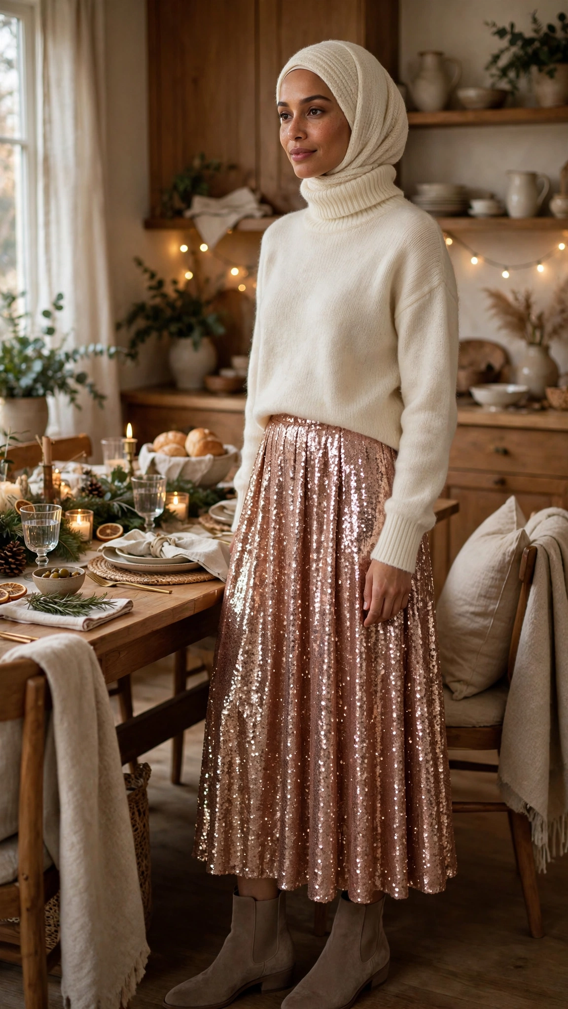 29. Rose Gold Sequin Skirt With Cream Cashmere Sweater