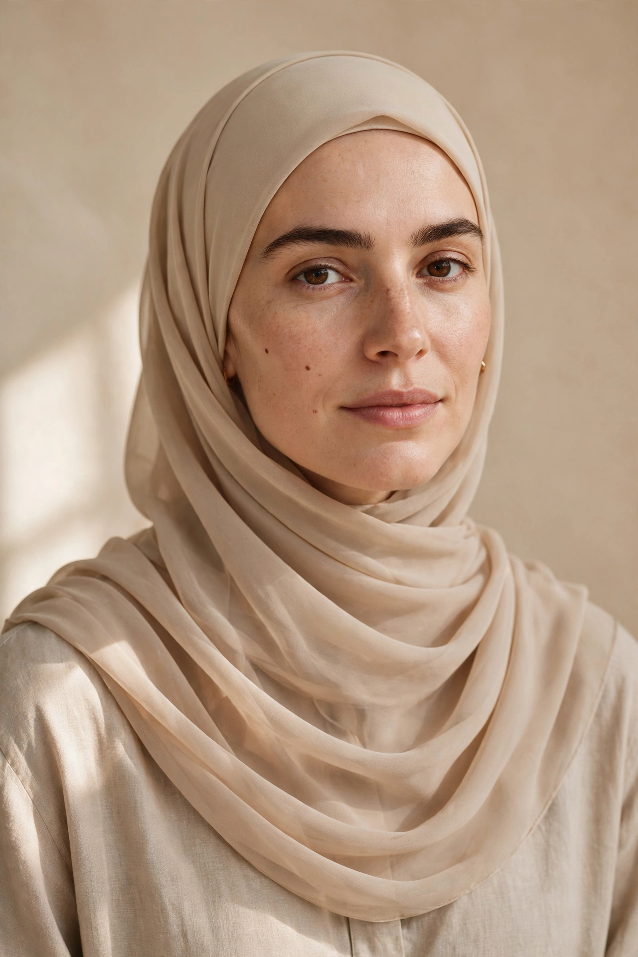 Balanced classic hijab drape with soft crown height for oval faces