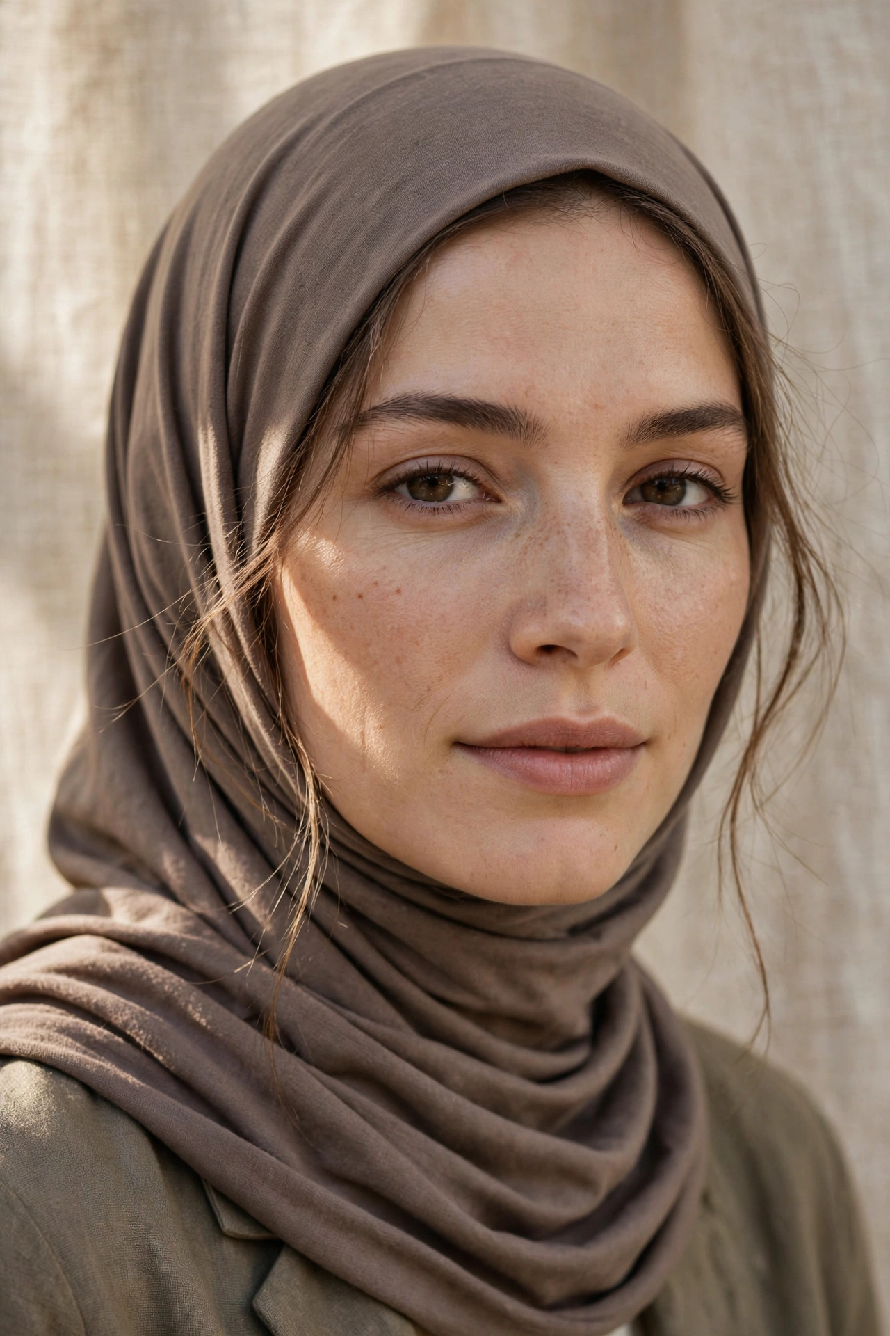 Modal hijab wrap with soft temple wisps for oval faces