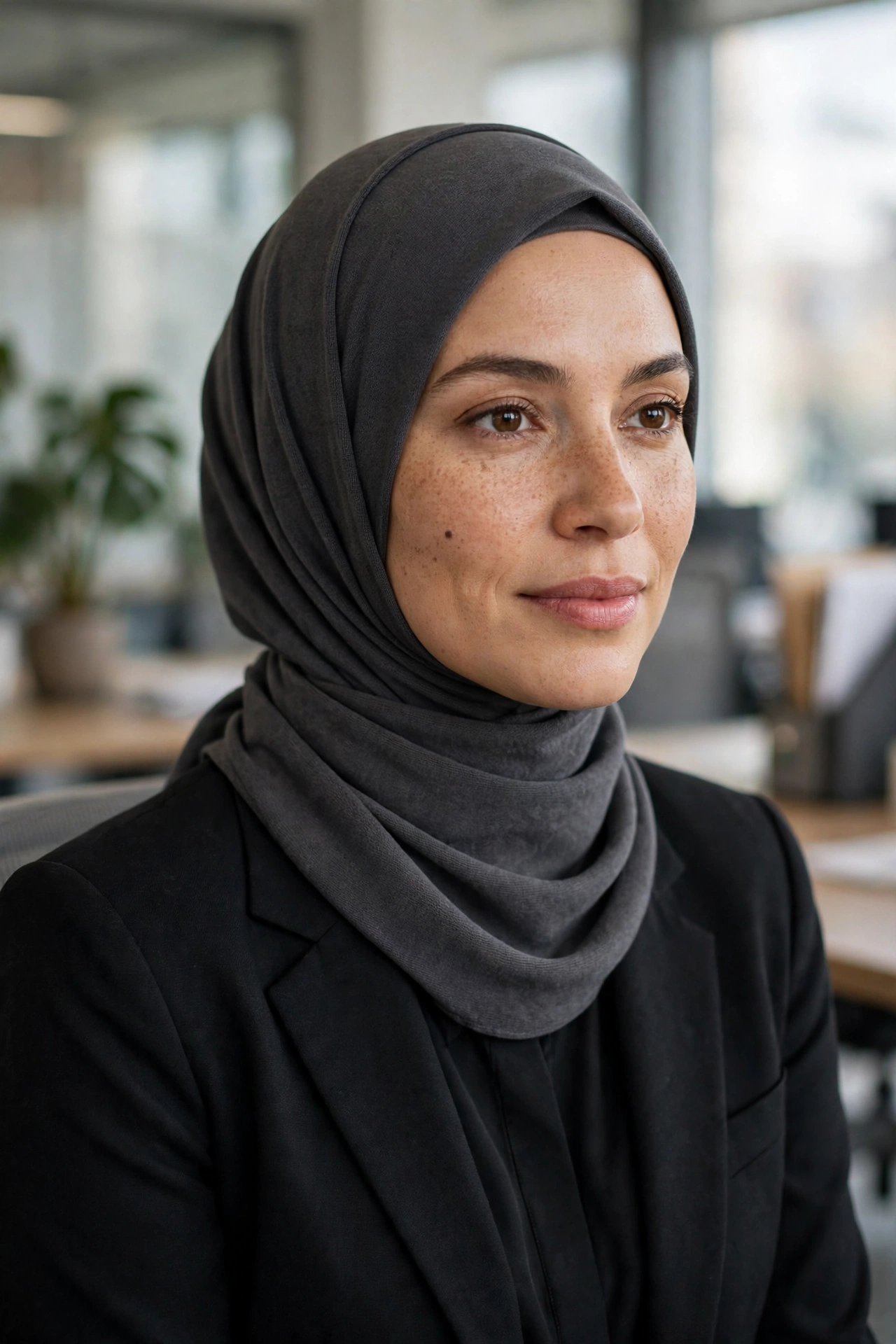 Work-ready neat tuck hijab in stretch fabric for oval faces