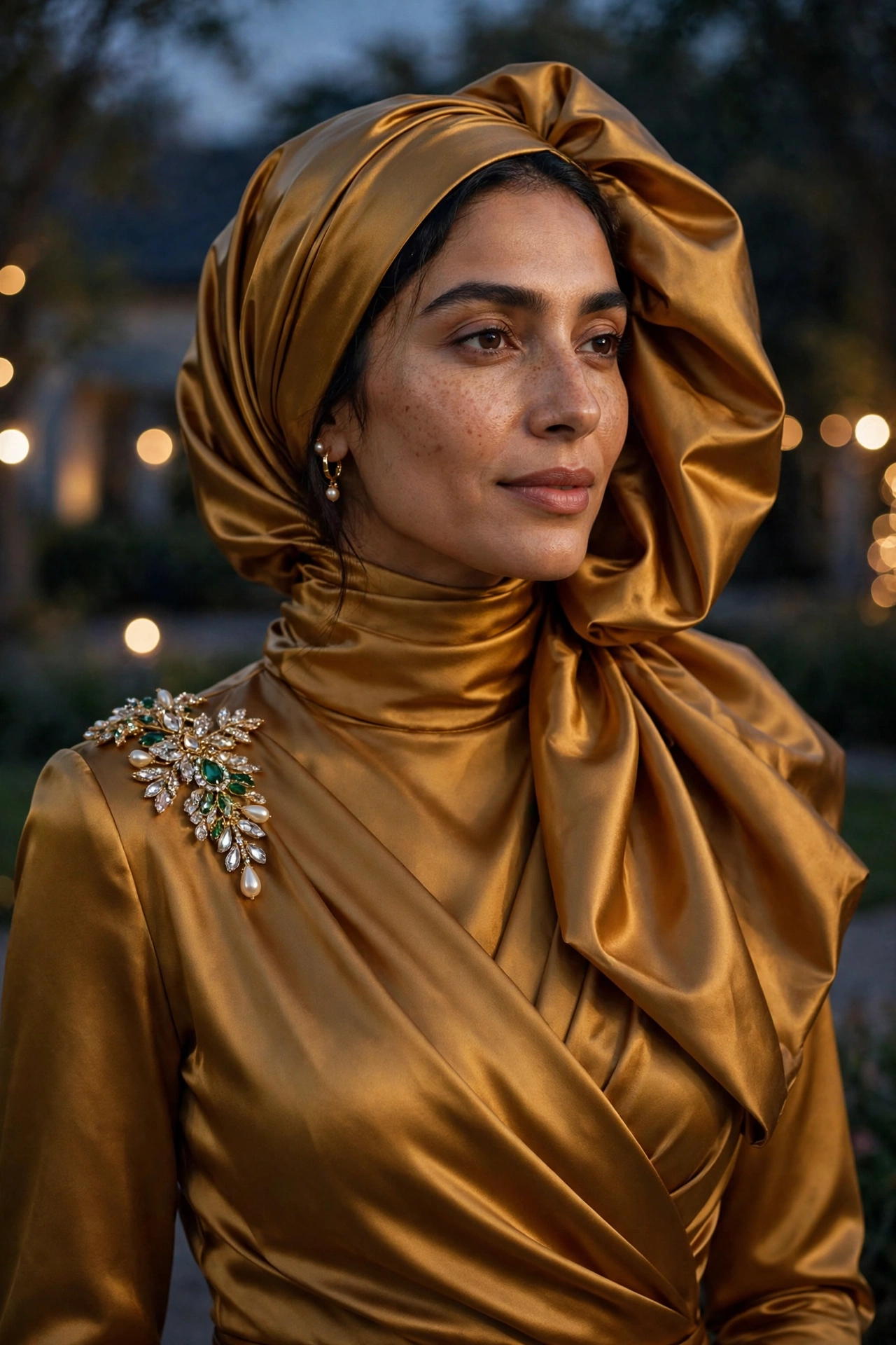 Statement evening hijab wrap with side volume for oval faces