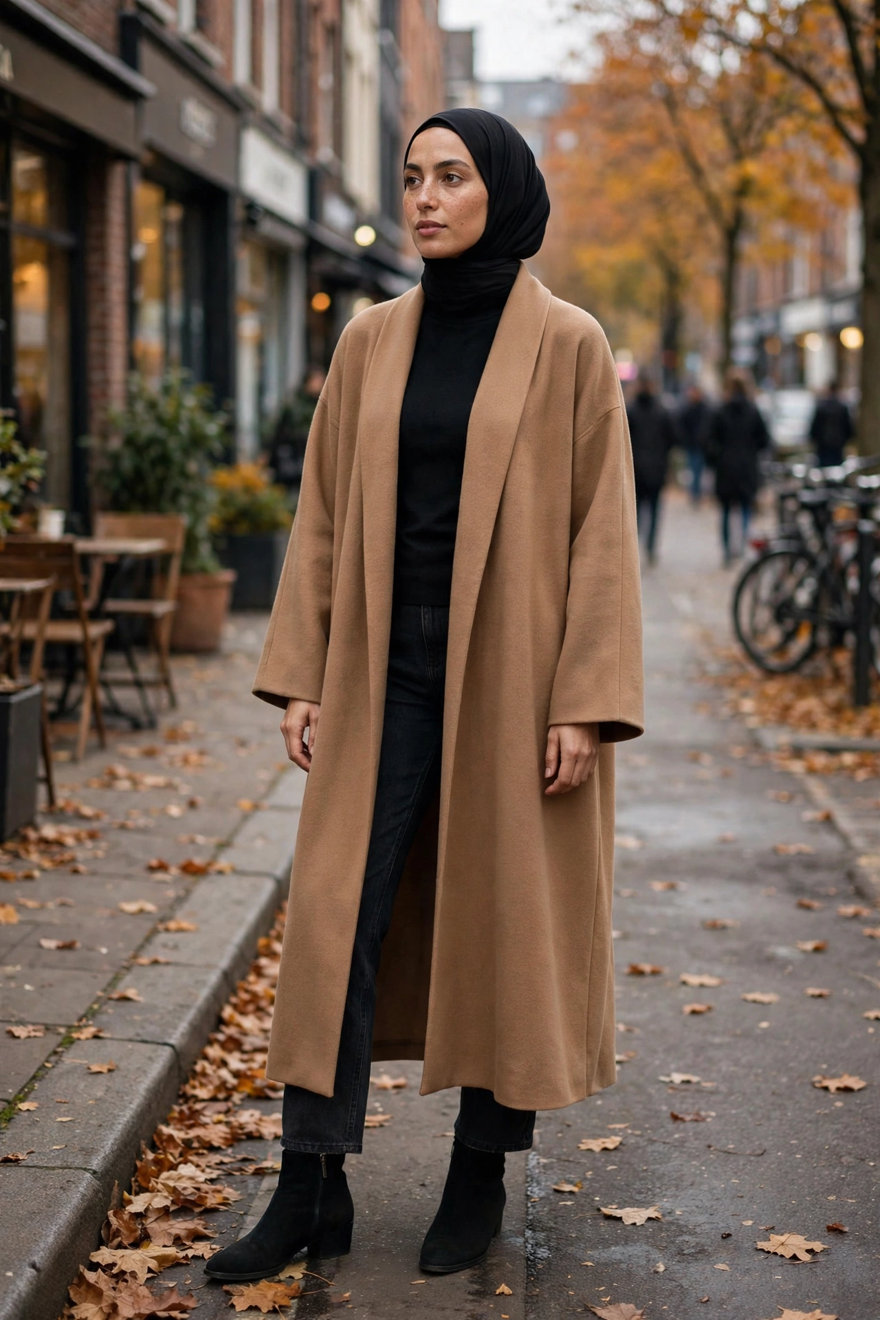 Open abaya over straight-leg jeans and a turtleneck