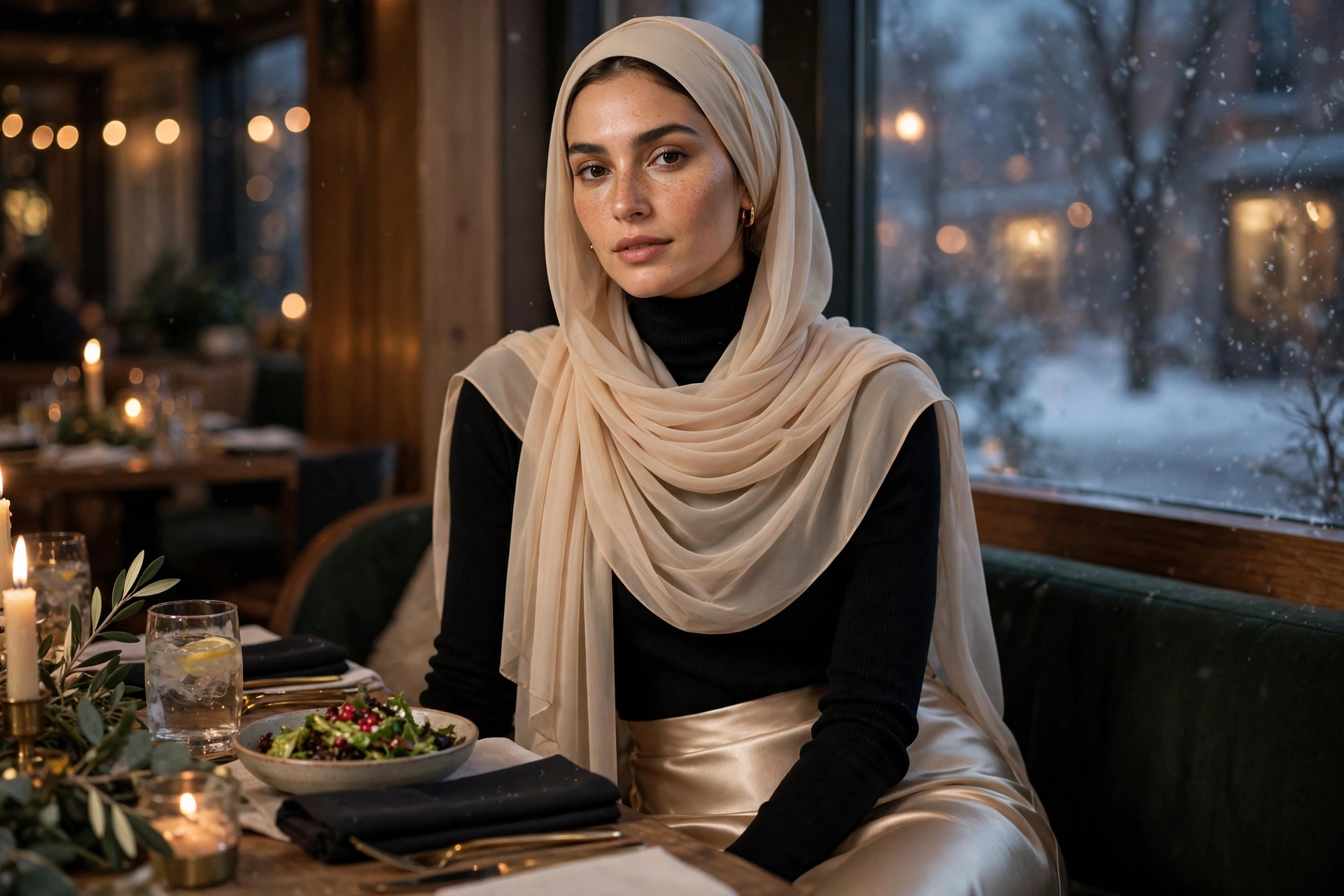 Satin Slip Skirt Layered Over a Fitted Turtleneck