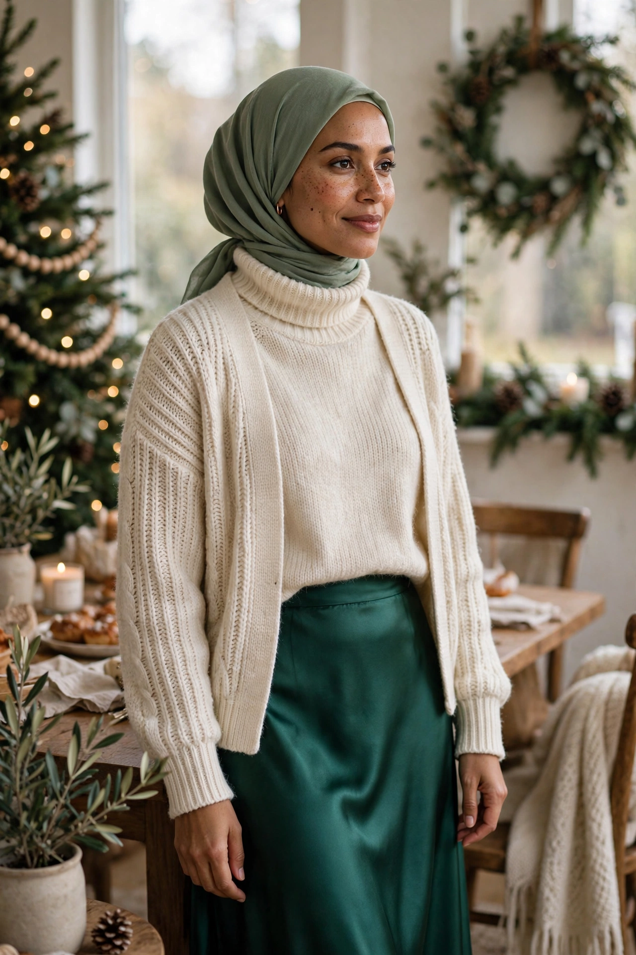 The Green Satin Midi + Cream Knit Layers