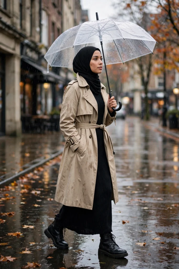 12 Rainy Day Fall Outfits (Trench Coats, Rain Boots & Jersey Hijab)
