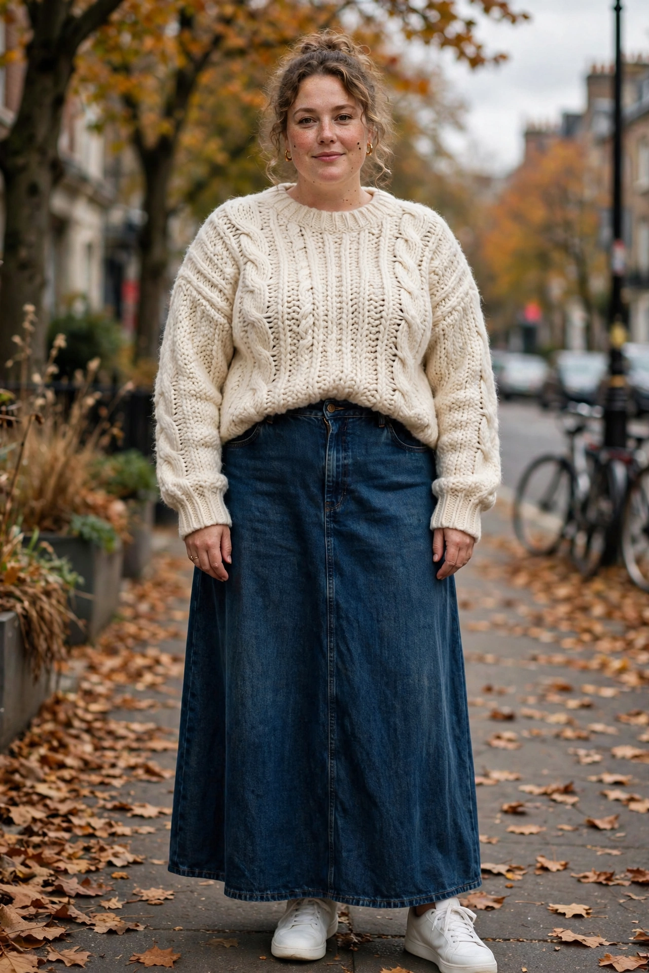 6. Denim Maxi Skirt and Cream Chunky Knit