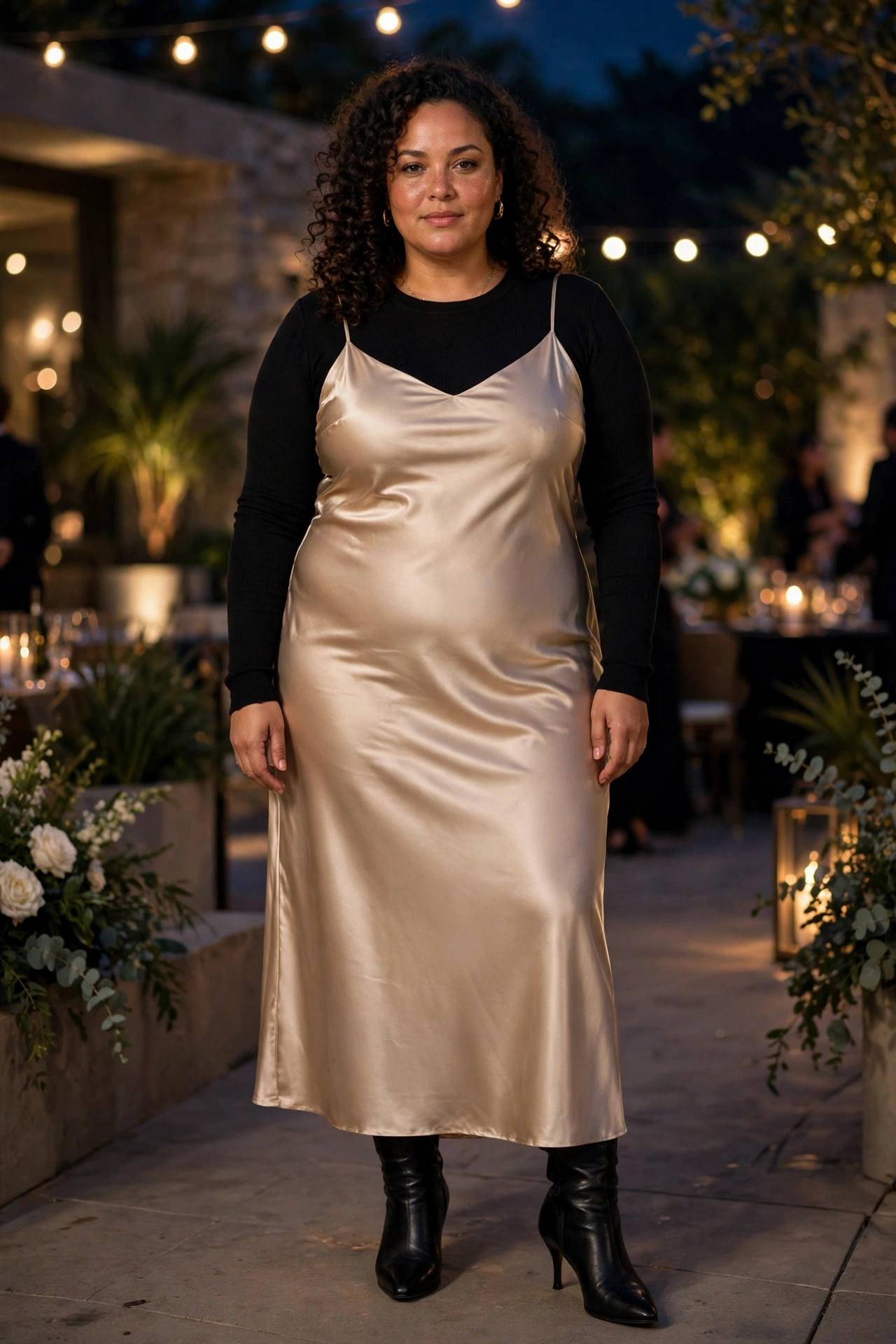 9. Satin Slip Dress Over a Fitted Long-Sleeve Top