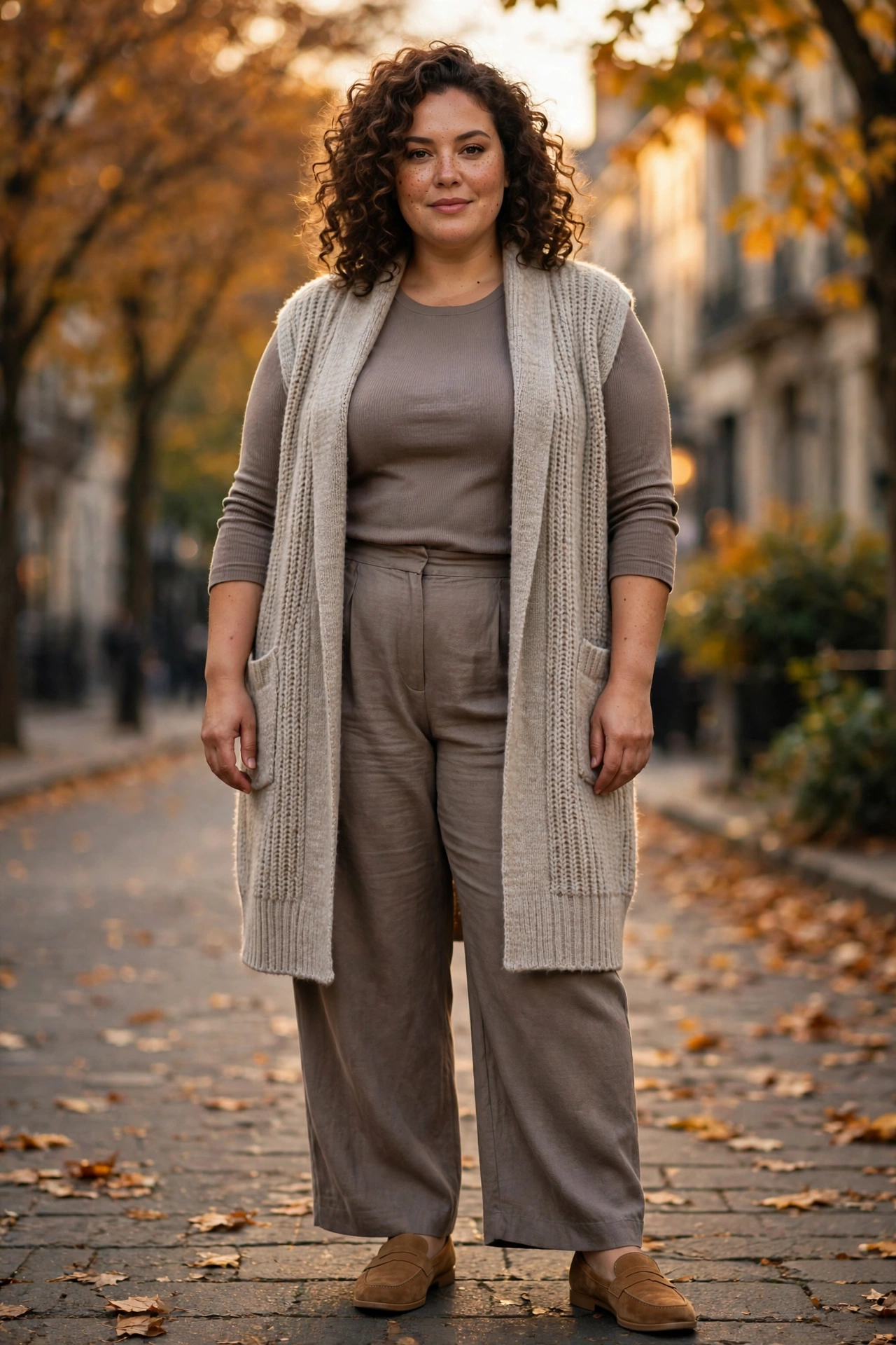 10. Tonal Taupe Layers With a Long Vest