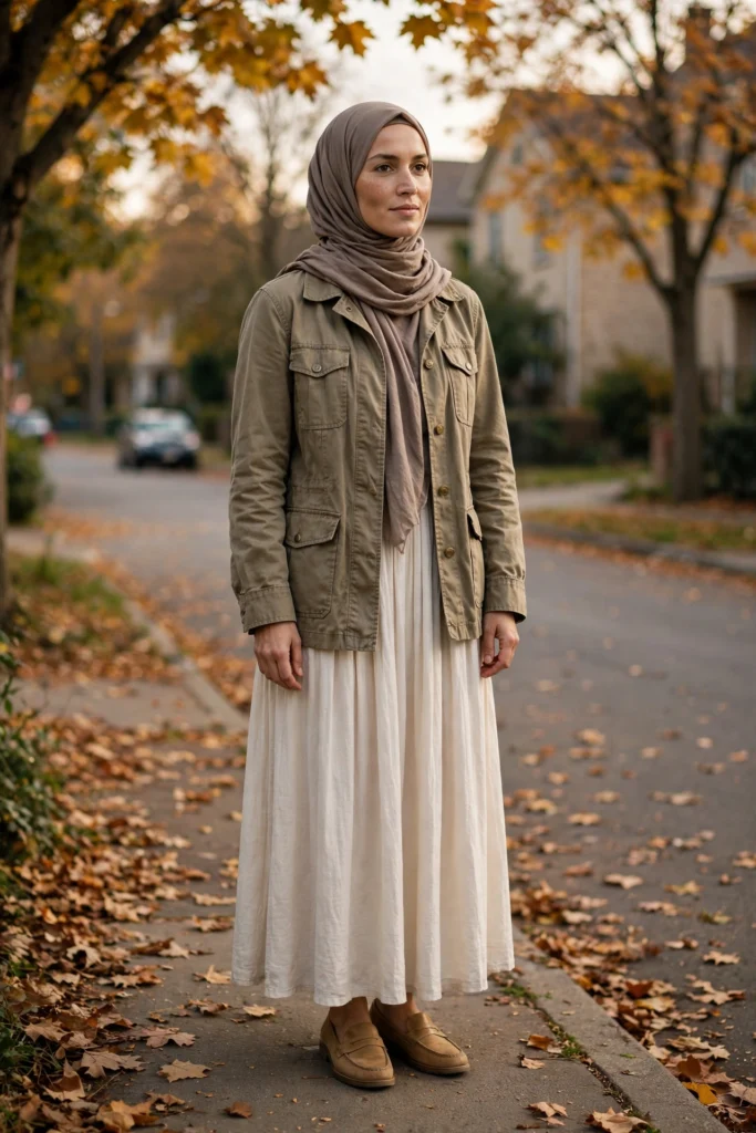 12 Khaki Coded Modest Outfits (Utility Skirts & Field Jackets)