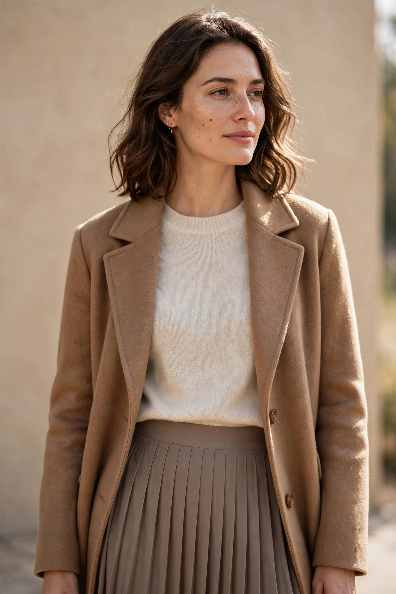 1. The Camel Coat + Cream Knit + Pleated Midi Skirt