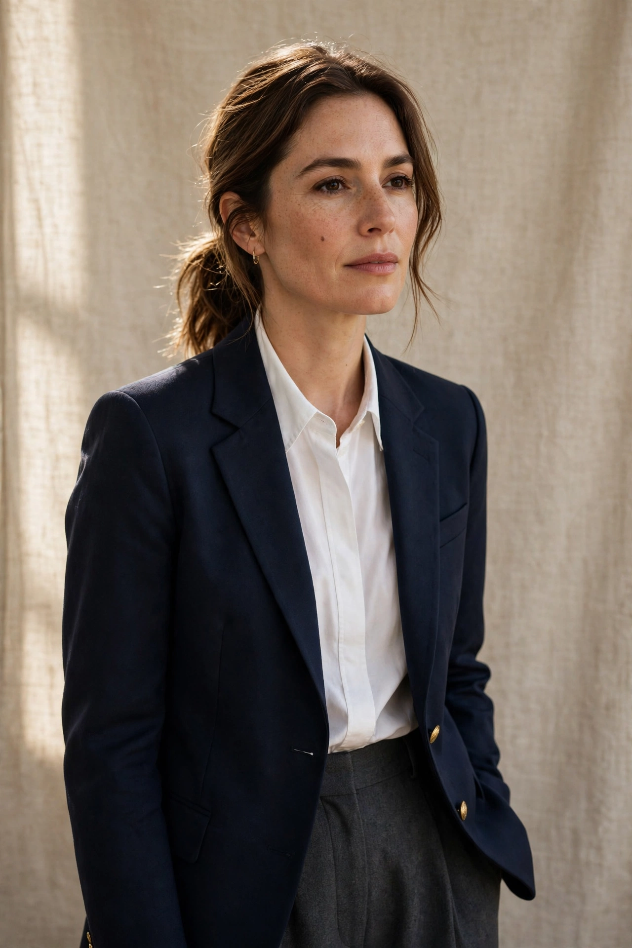 2. Navy Blazer + White Shirt + Charcoal Wide-Leg Trousers