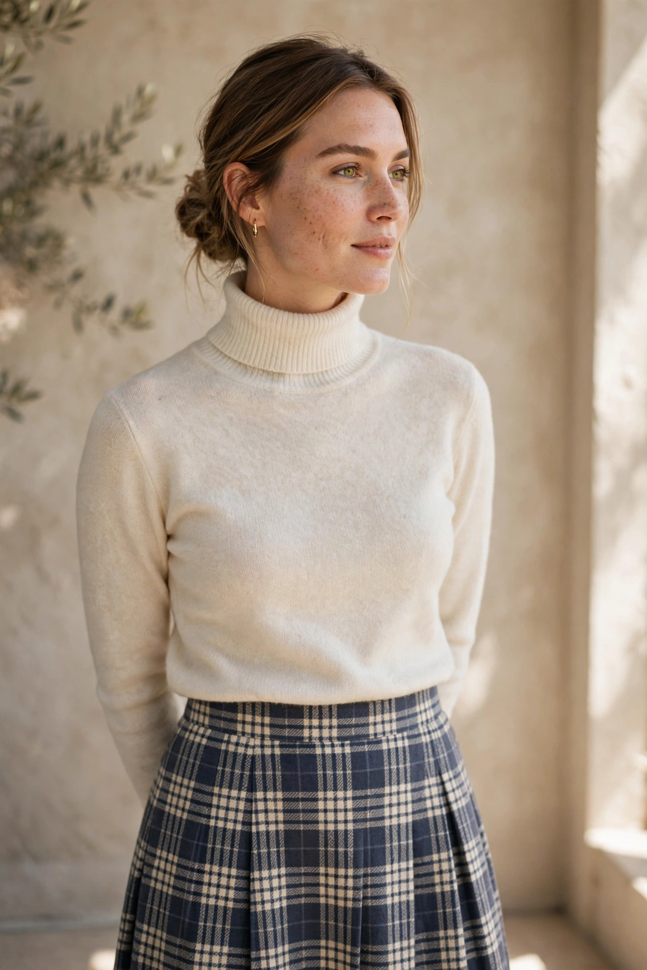 4. Cashmere-Look Turtleneck + Plaid Midi Skirt