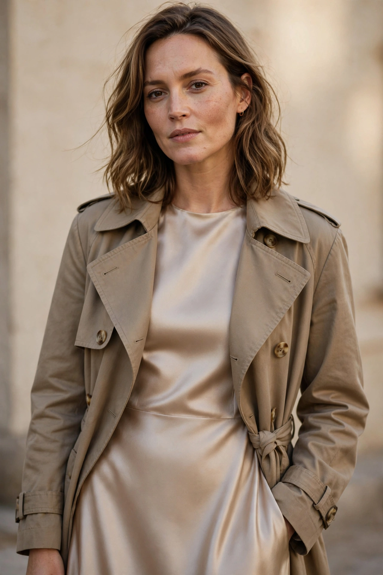 5. The Tailored Trench Over a Satin Midi Dress