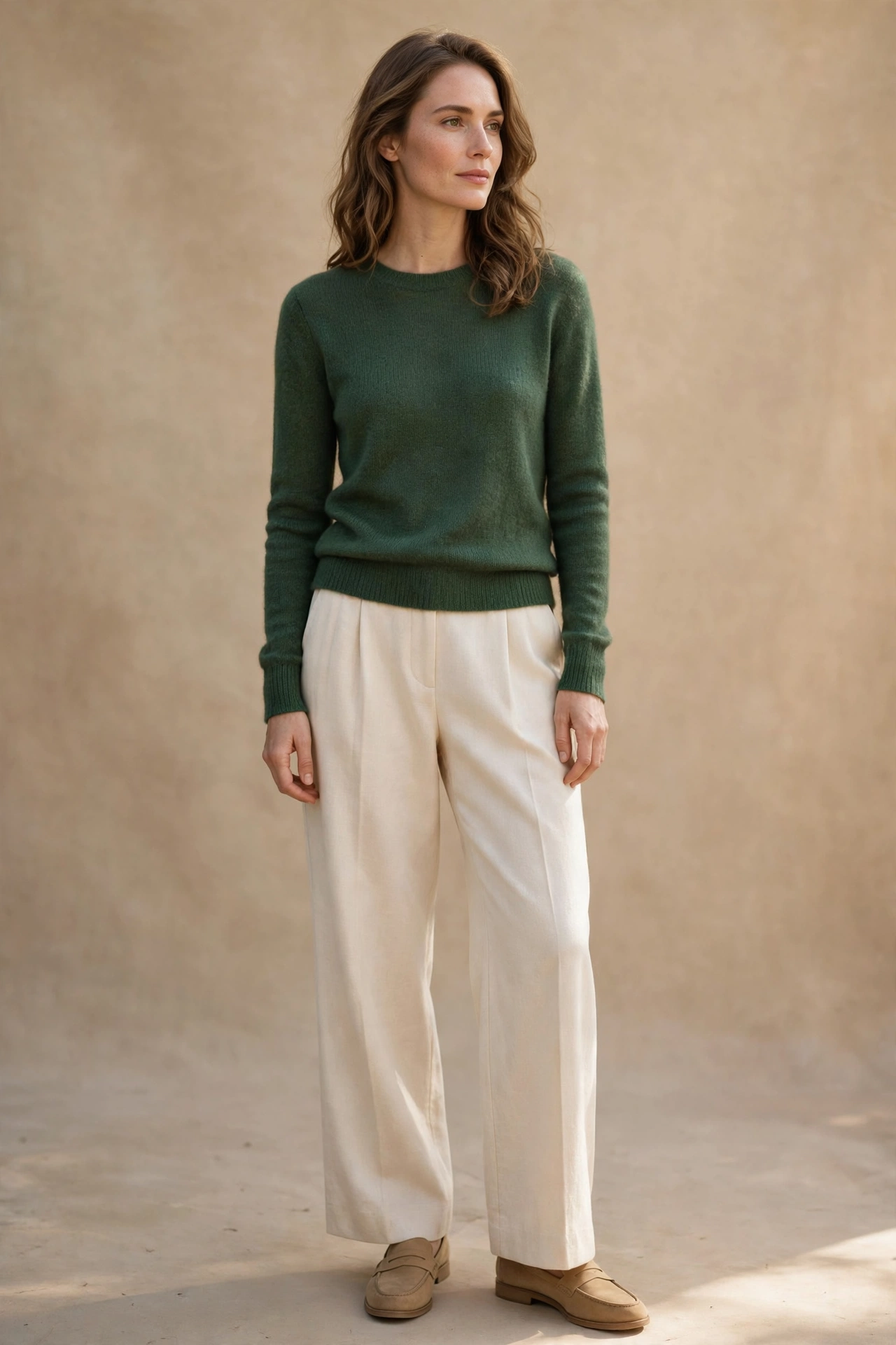 8. Forest Green Knit + Cream Trousers + Loafers