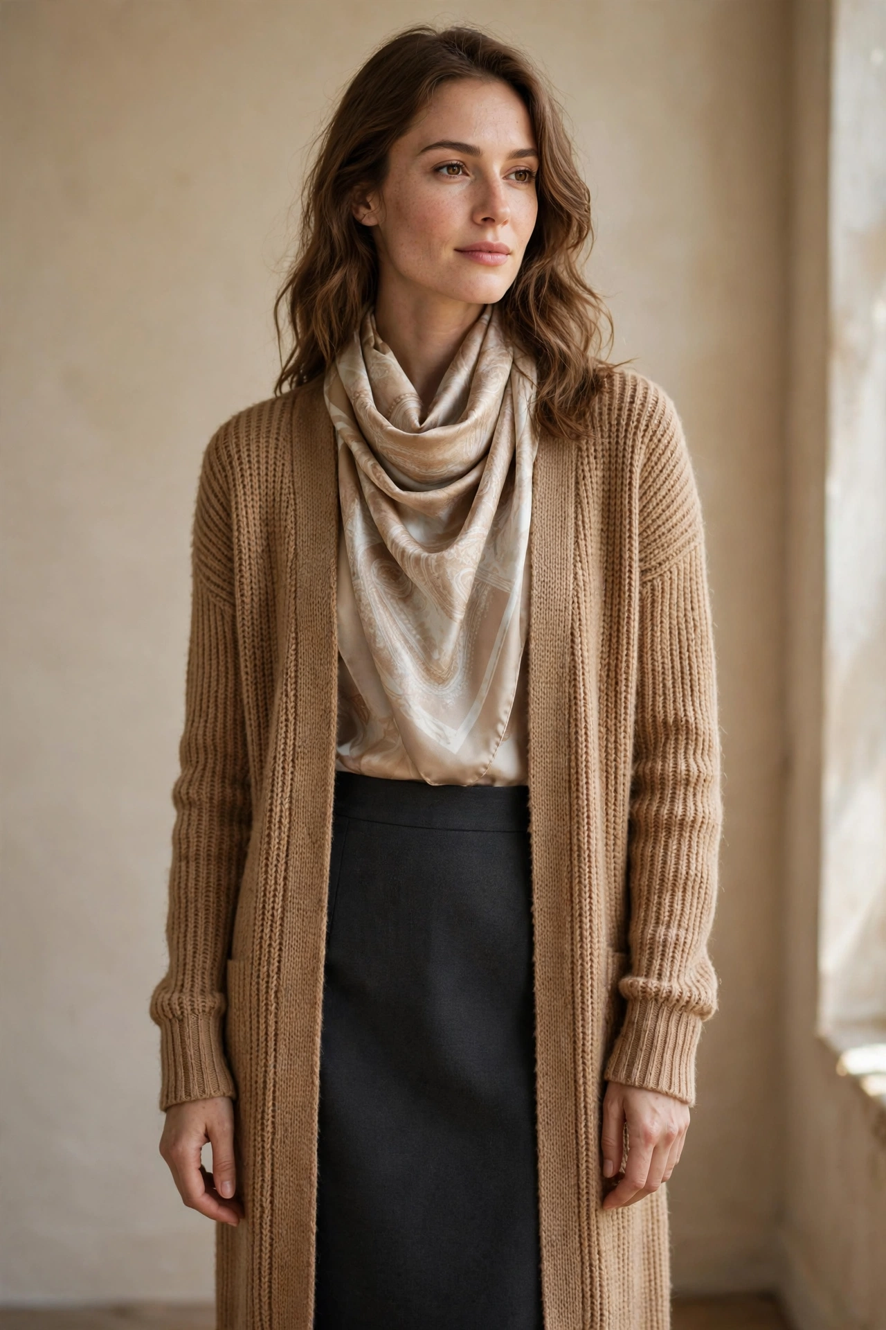 9. The Long Cardigan + Silk-Look Scarf + Straight Skirt