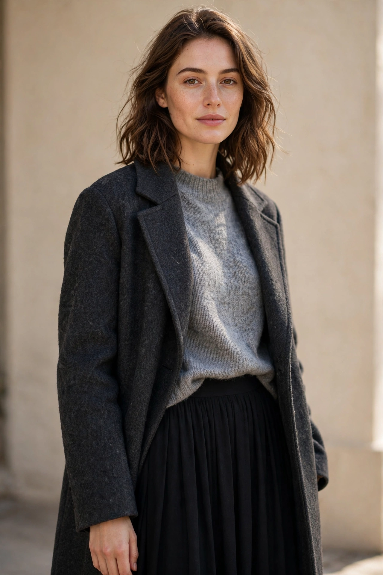 10. Charcoal Wool Coat + Grey Knit + Black Maxi Skirt