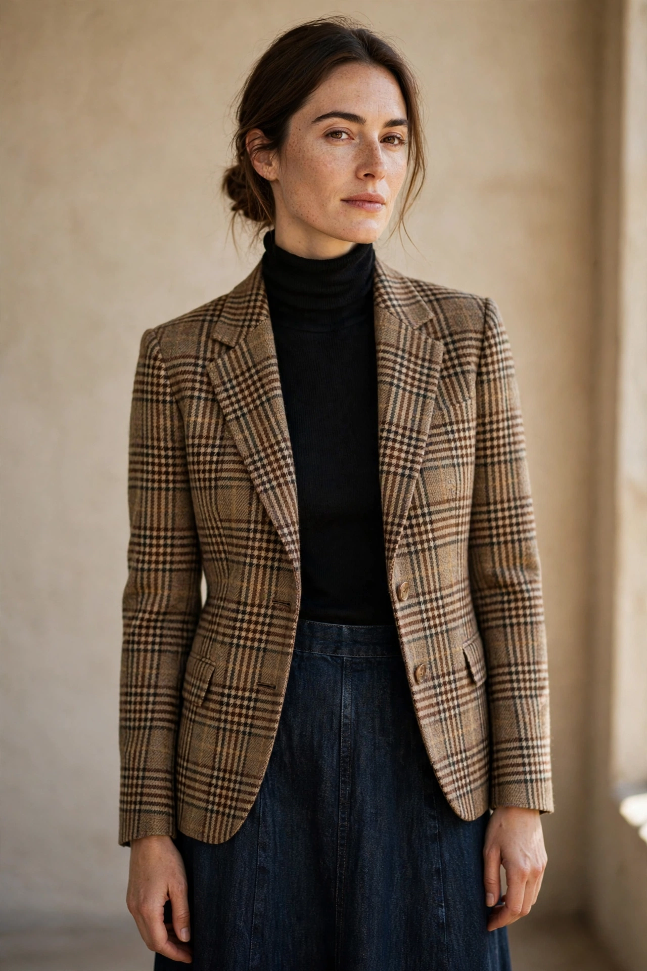 12. The Heritage Check Blazer + Turtleneck + Dark Denim Maxi