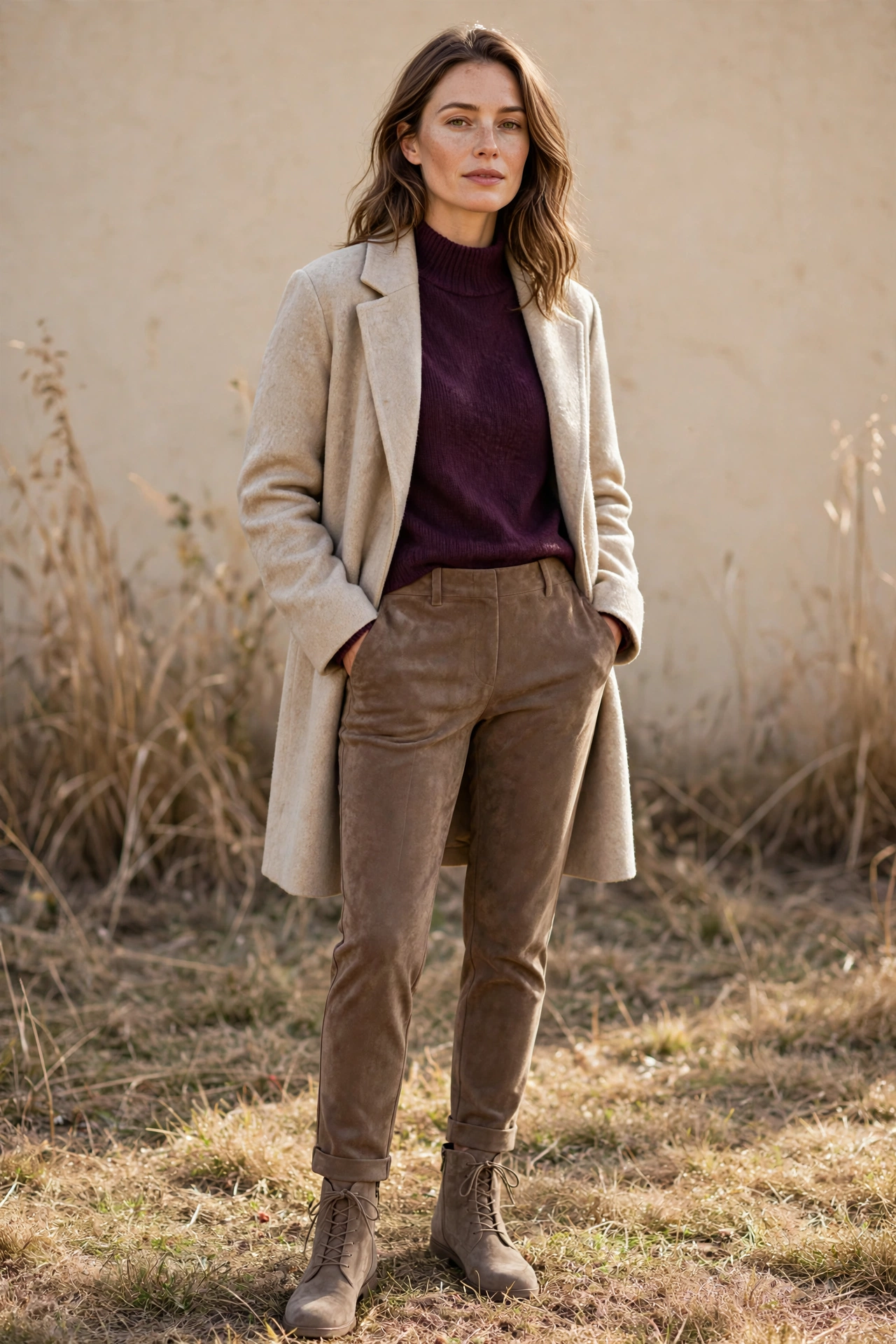 13. Deep Plum Knit + Oatmeal Coat + Suede-Look Boots