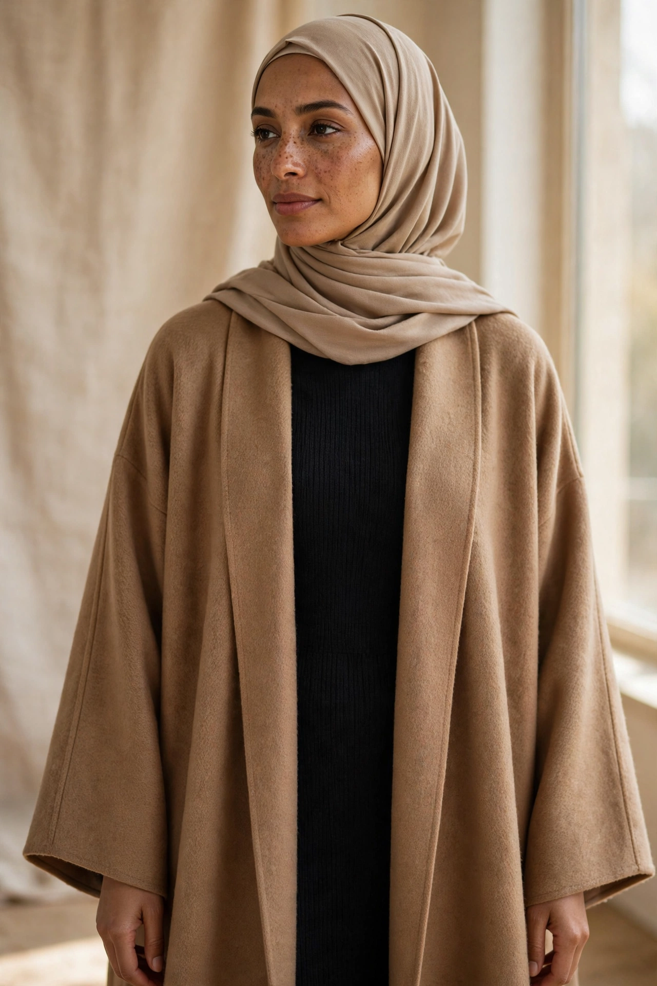 The Wool-Blend Open Abaya Over a Knit Midi Dress