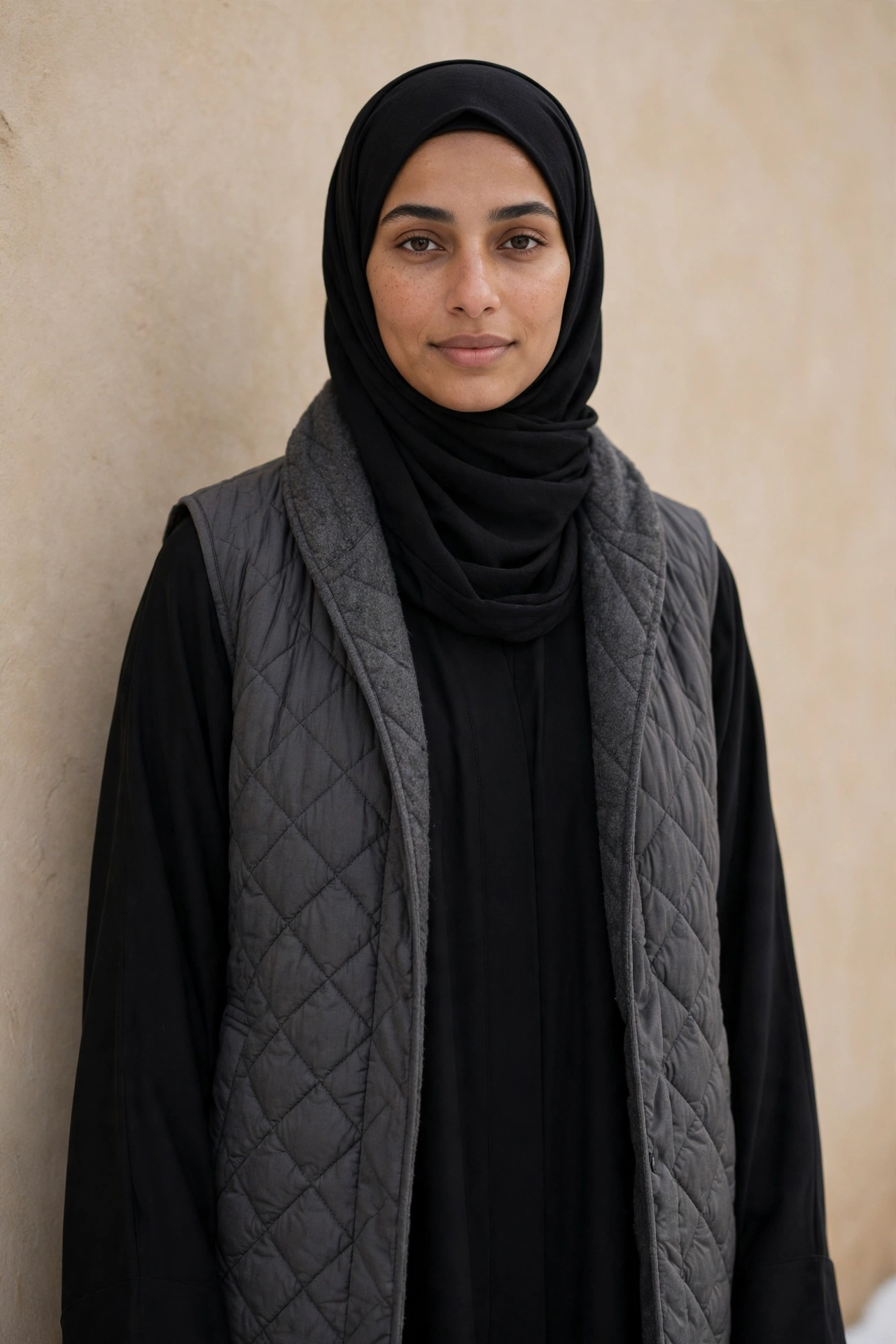 Quilted Long Vest Over a Closed Abaya