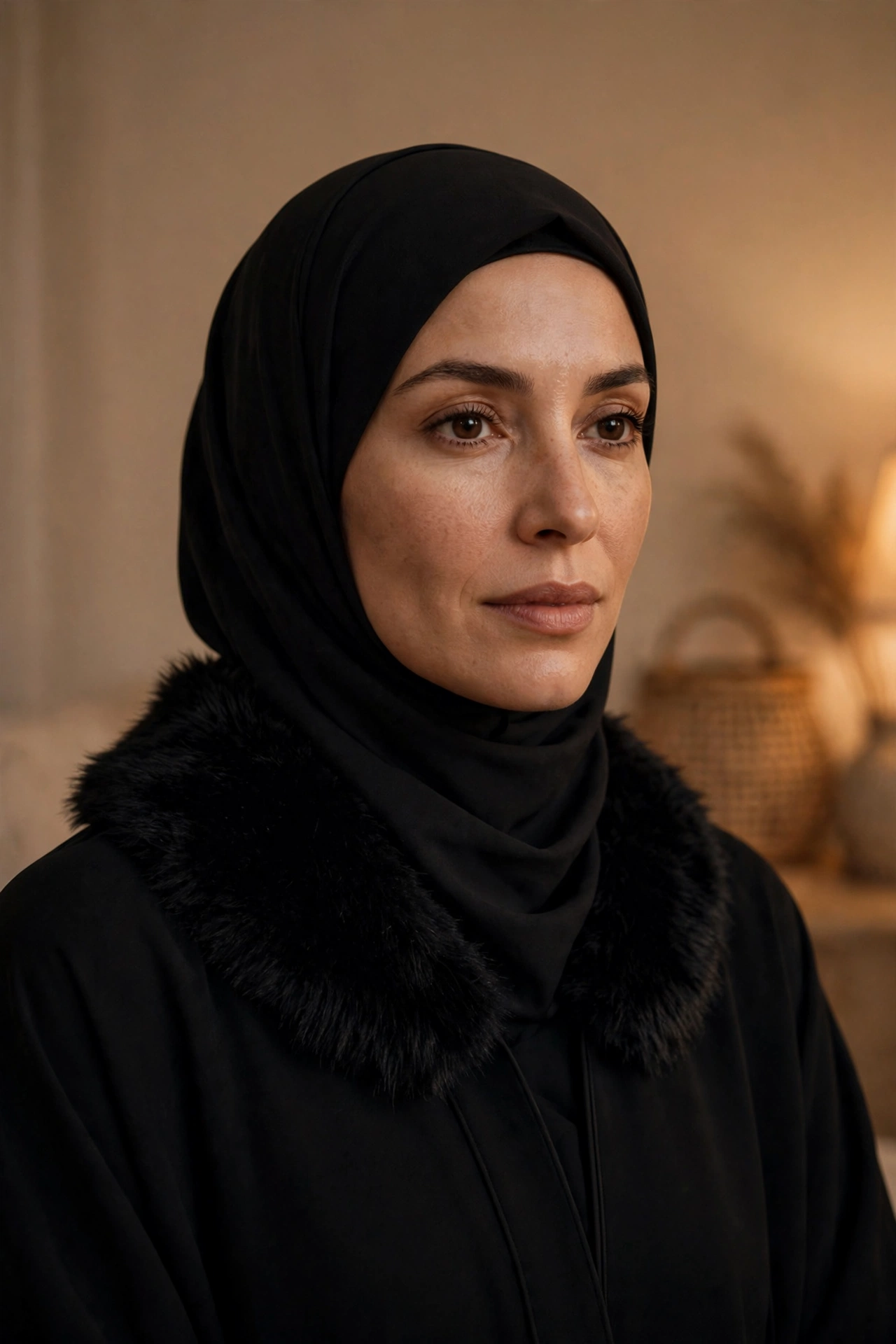 Faux-Fur Collar Abaya for Winter Evenings