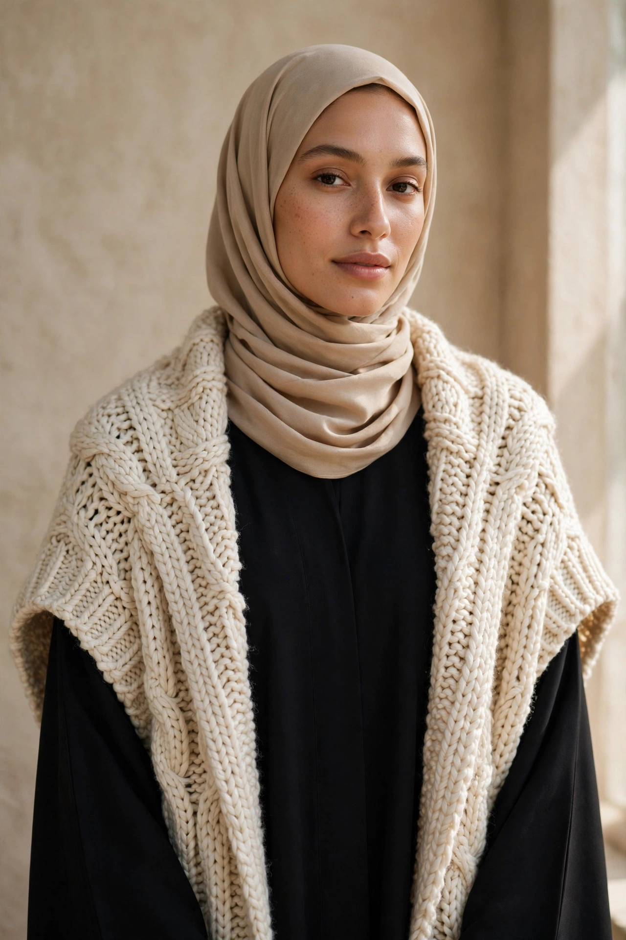 Chunky Knit Poncho Over a Straight-Cut Abaya