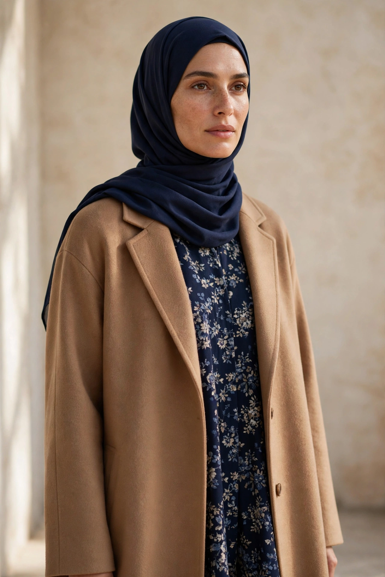 Printed Abaya Under a Solid Long Coat