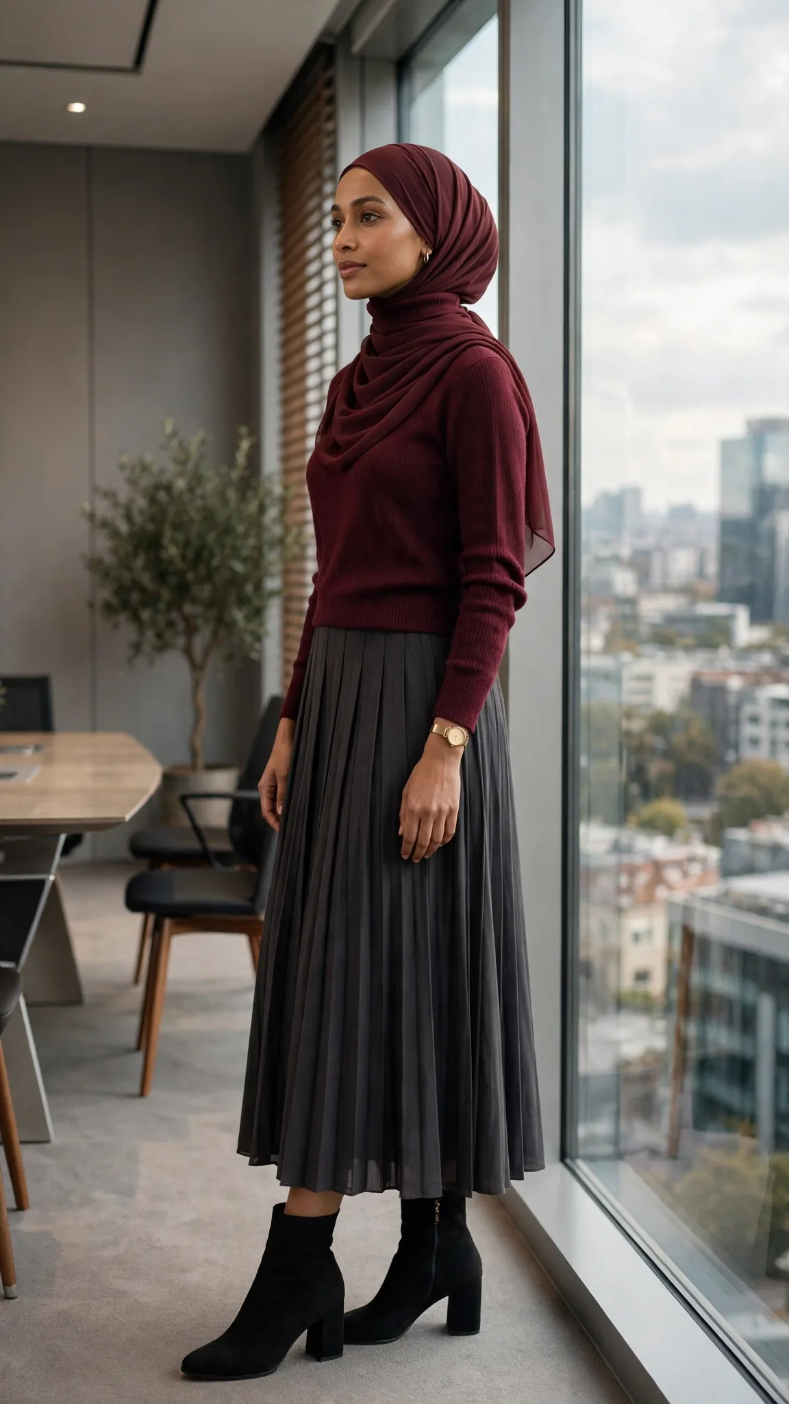 2. Burgundy Turtleneck + Charcoal Pleated Midi Skirt