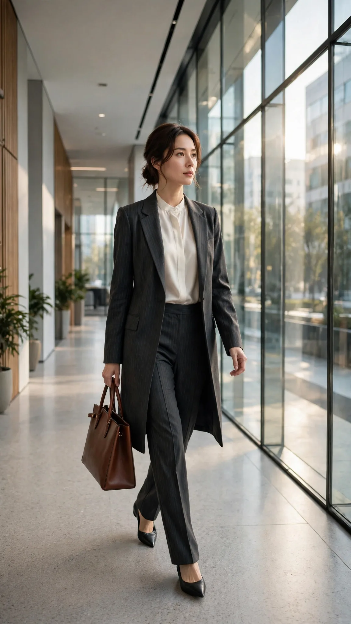 3. Charcoal Pinstripe Pantsuit with Extended Blazer