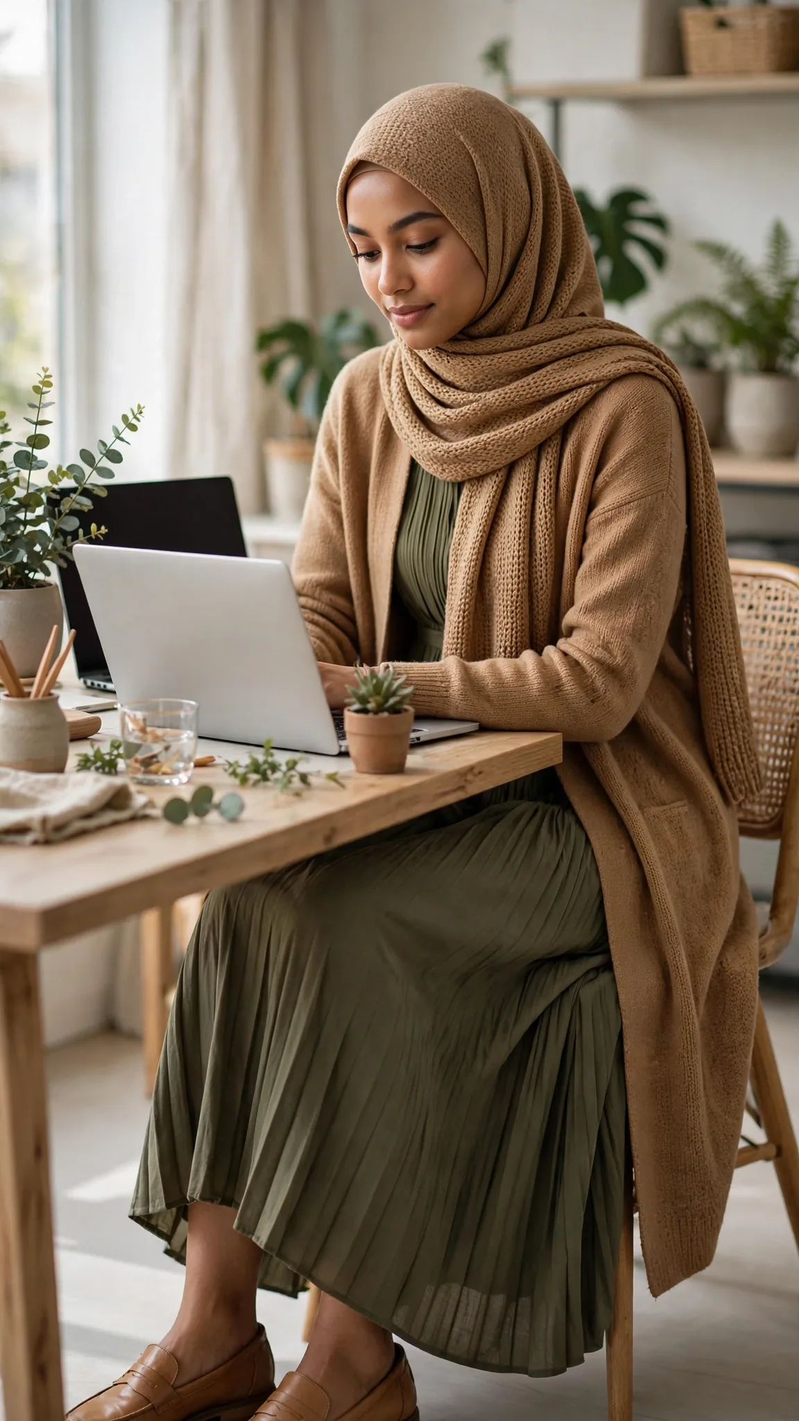 4. Camel Cardigan + Olive Pleated Midi Dress