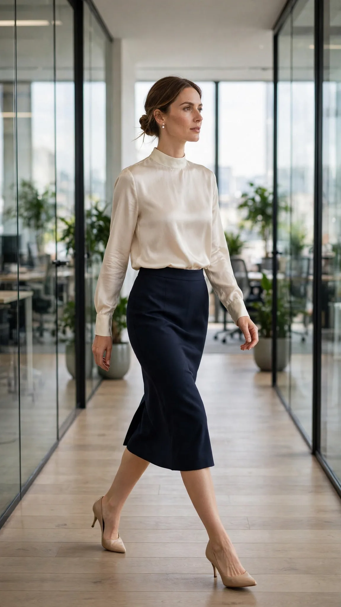 7. Cream Silk Blouse + Navy Tailored Midi Skirt