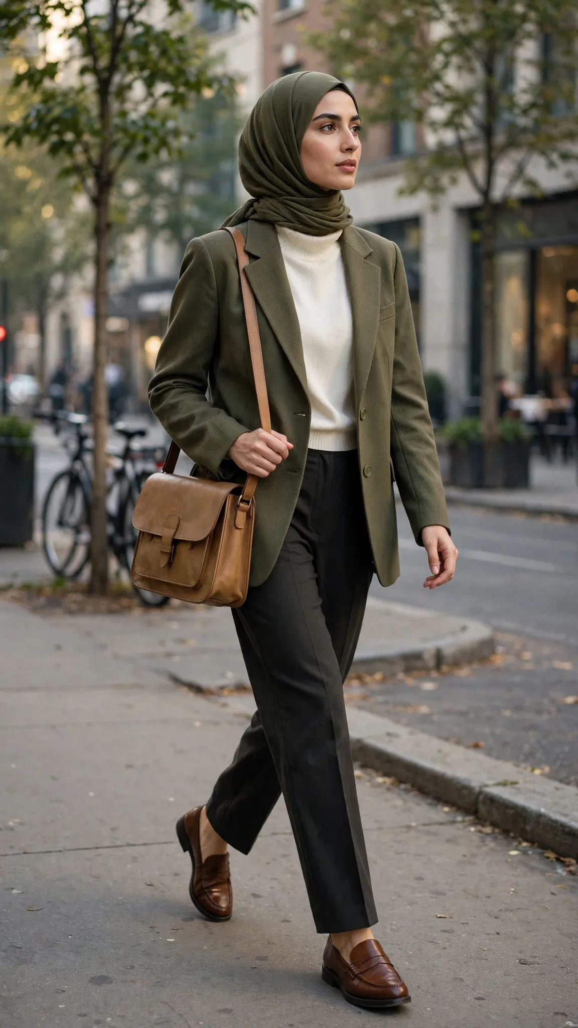 8. Olive Blazer + Ivory Blouse + Dark Straight-Leg Trousers