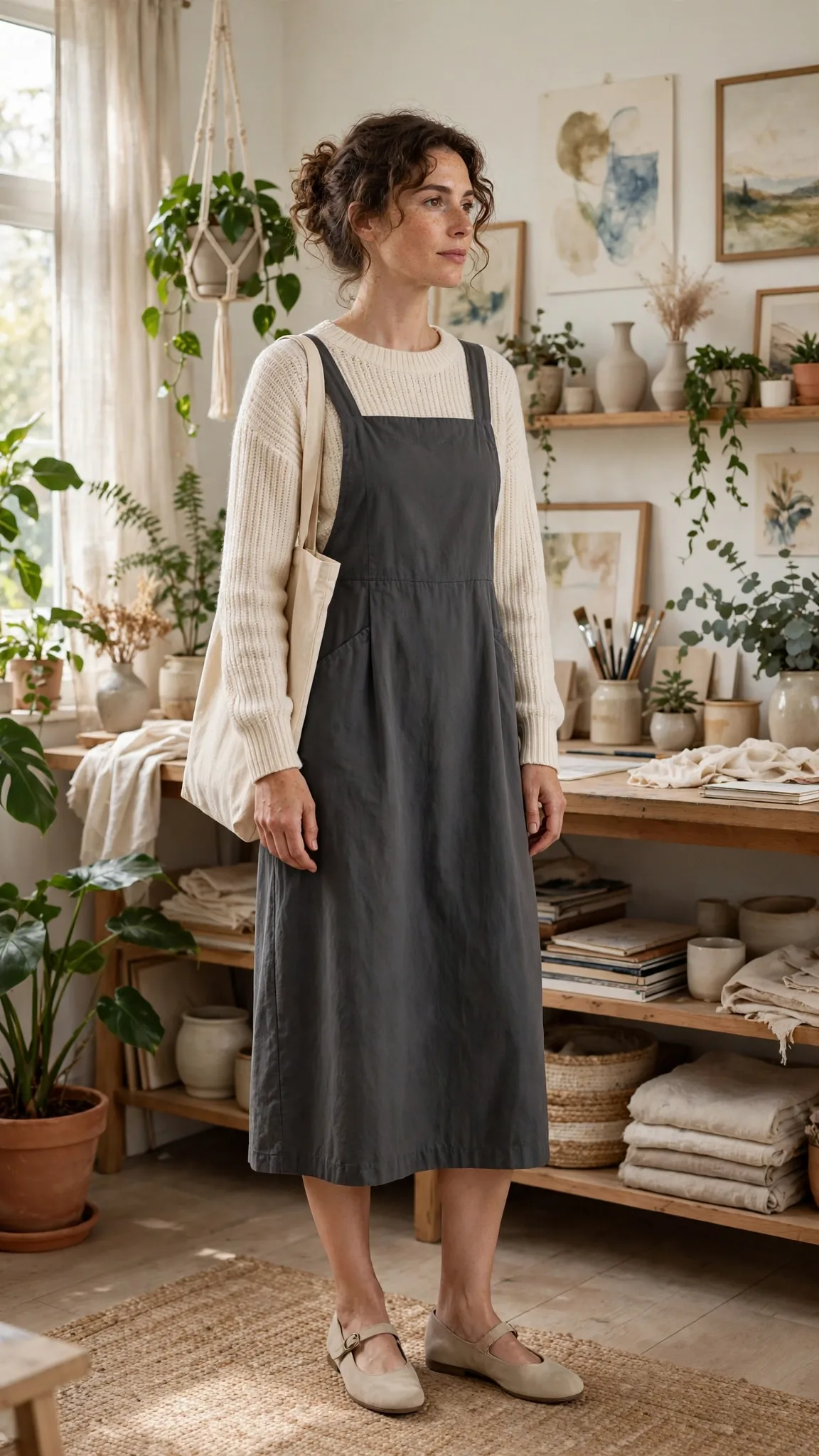 10. Charcoal Midi Pinafore + Cream Knit Top