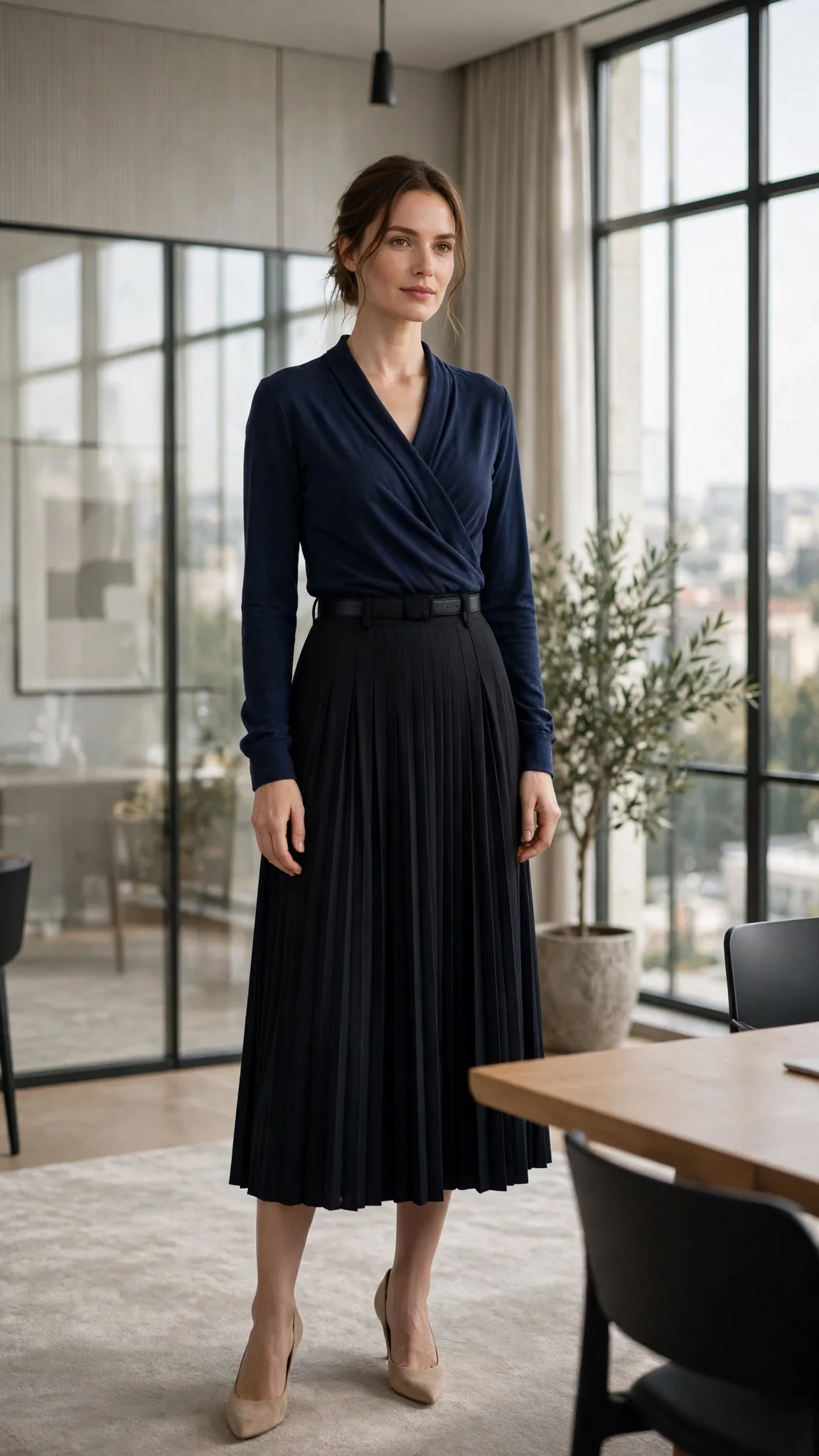 12. Navy Faux-Wrap Top + Black Pleated Midi Skirt