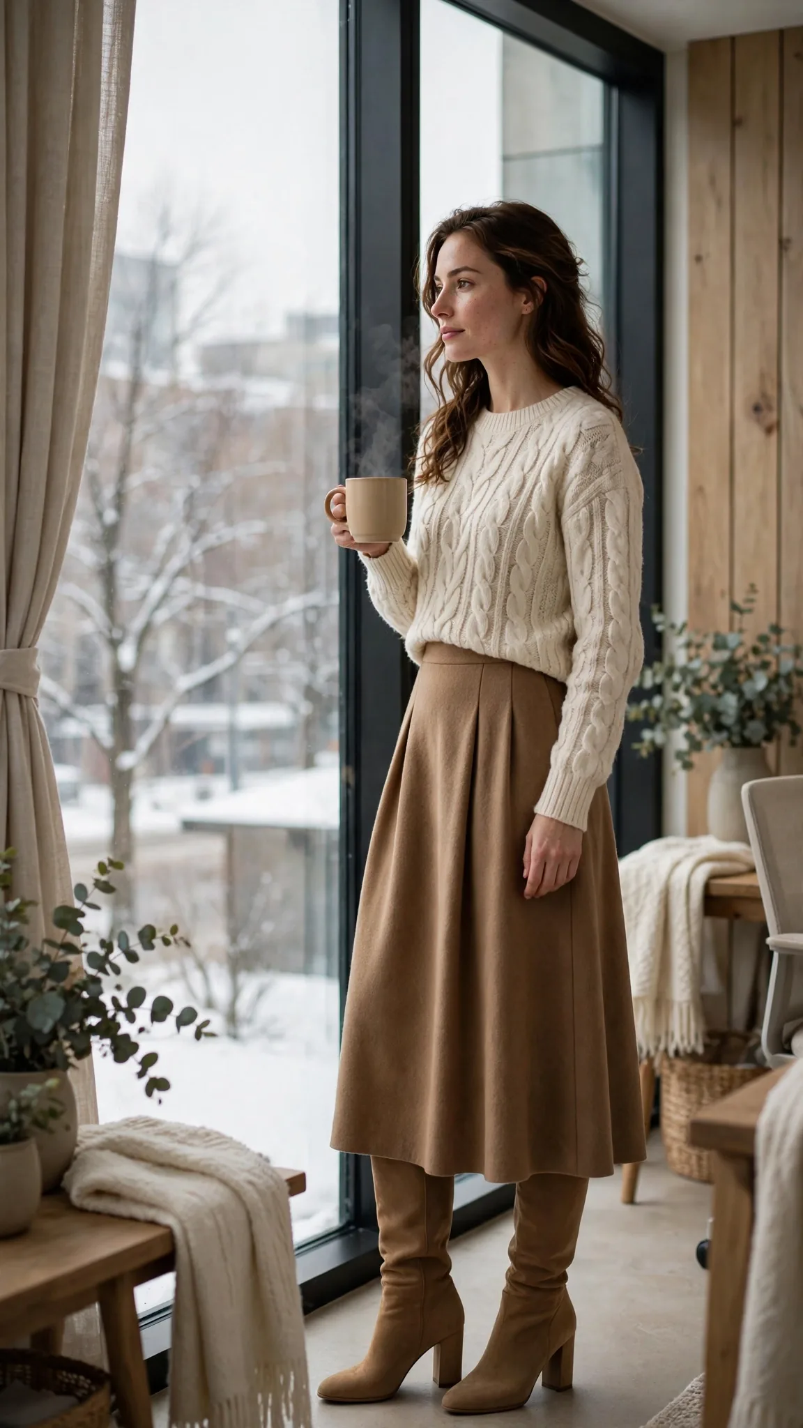 13. Cream Cable-Knit Sweater + Camel Wool Midi Skirt