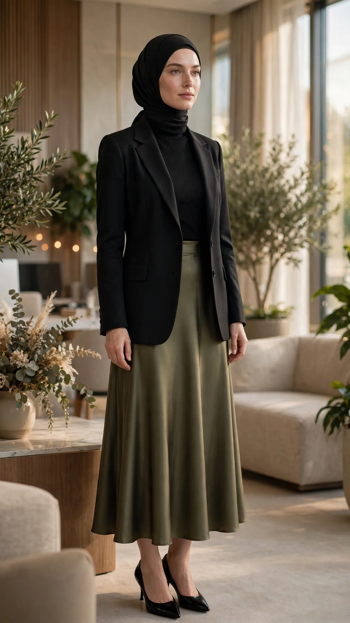 14. Black Blazer + Olive Satin Midi Skirt