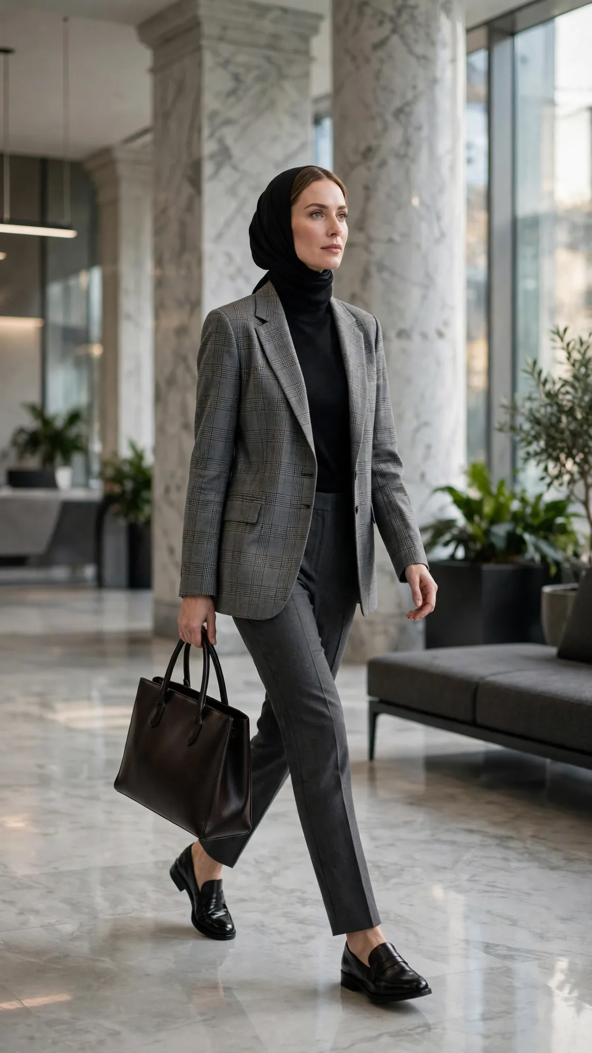 15. Gray Plaid Blazer + Black Turtleneck + Tailored Trousers