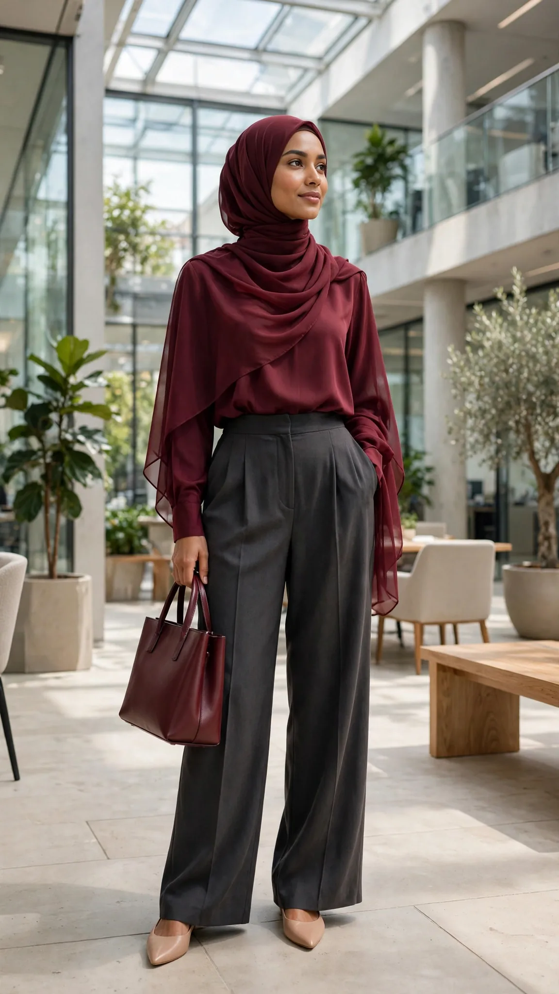 16. Burgundy Blouse + Charcoal Wide-Leg Trousers