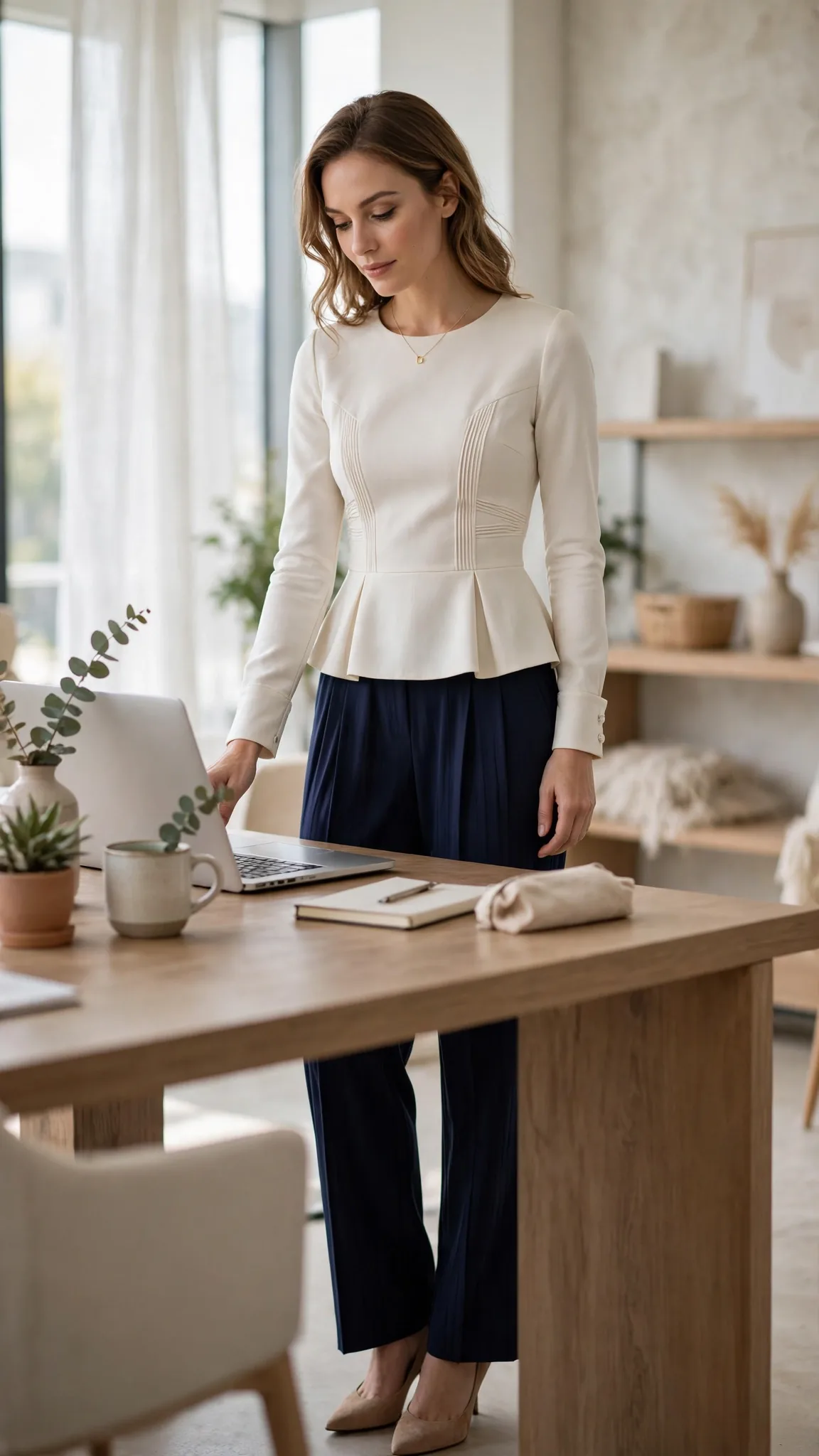 17. Ivory Peplum Top + Navy Pleated Trousers