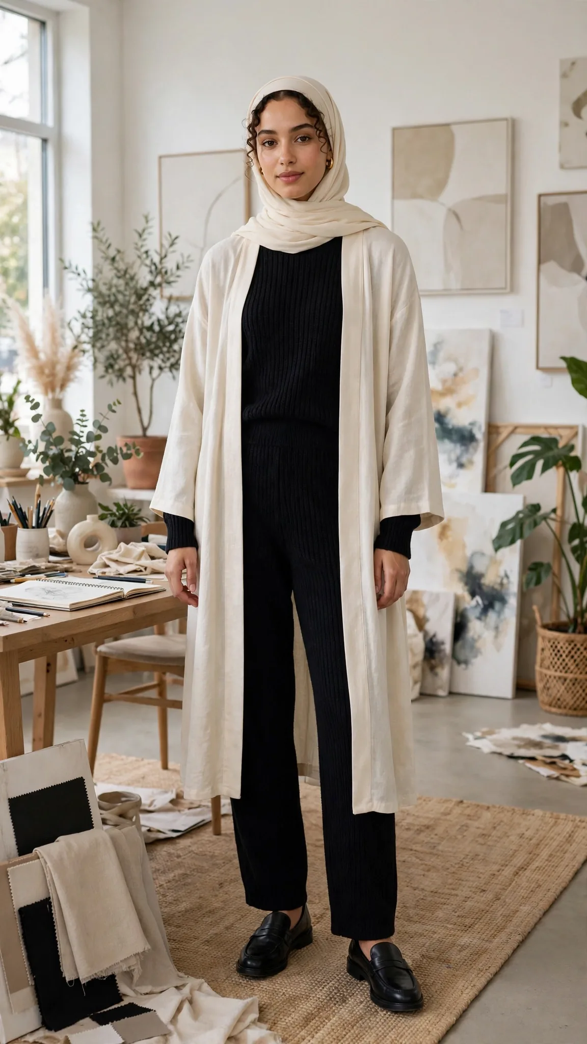 18. Black Knit Co-ord Set + Long Cream Kimono Jacket