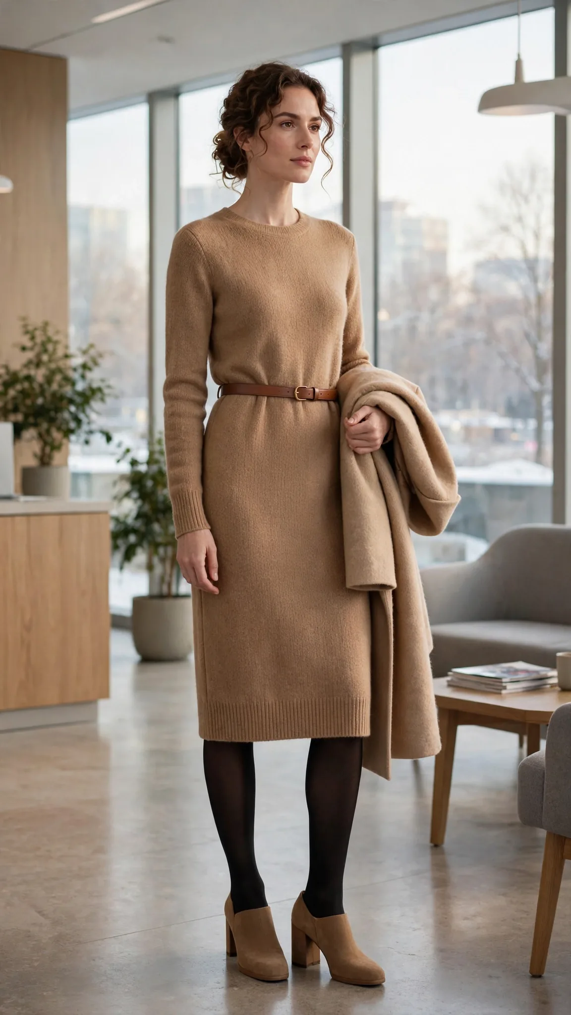 19. Camel Sweater Dress + Block Heels